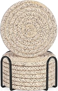 ABenkle 8-Pack Absorbent Cotton Woven Drink Coasters with Holder - 4.3" Minimalist Boho Set for Table Protection, Mixed Brown
