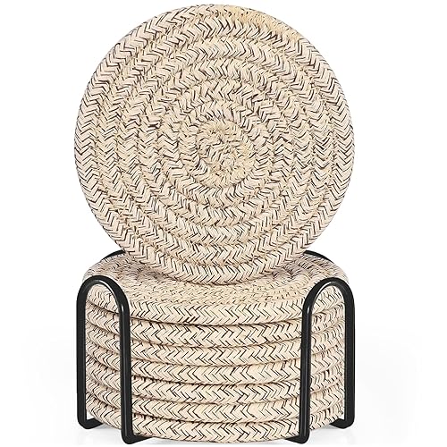 ABenkle 8 Pcs Drink Coasters with Holder, Cotton Woven Absorbent