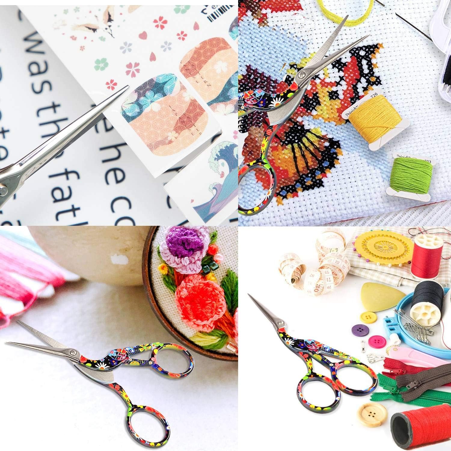 BIHRTC 4.5 Inch Small Scissors Embroidery Scissors Stainless Steel Sharp Stork Scissors Crane Design Sewing Scissors for Craft Needle Work Art Work Everyday Use Black Folwer Pattern Scissors
