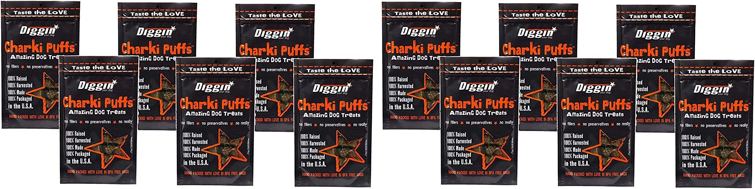 Diggin' Your Dog 12 Pack of Charki Puffs Dog Treats, Antibiotic Hormone and Grain Free, 100% USA Beef Lung & Liver, 6 Ounces Each