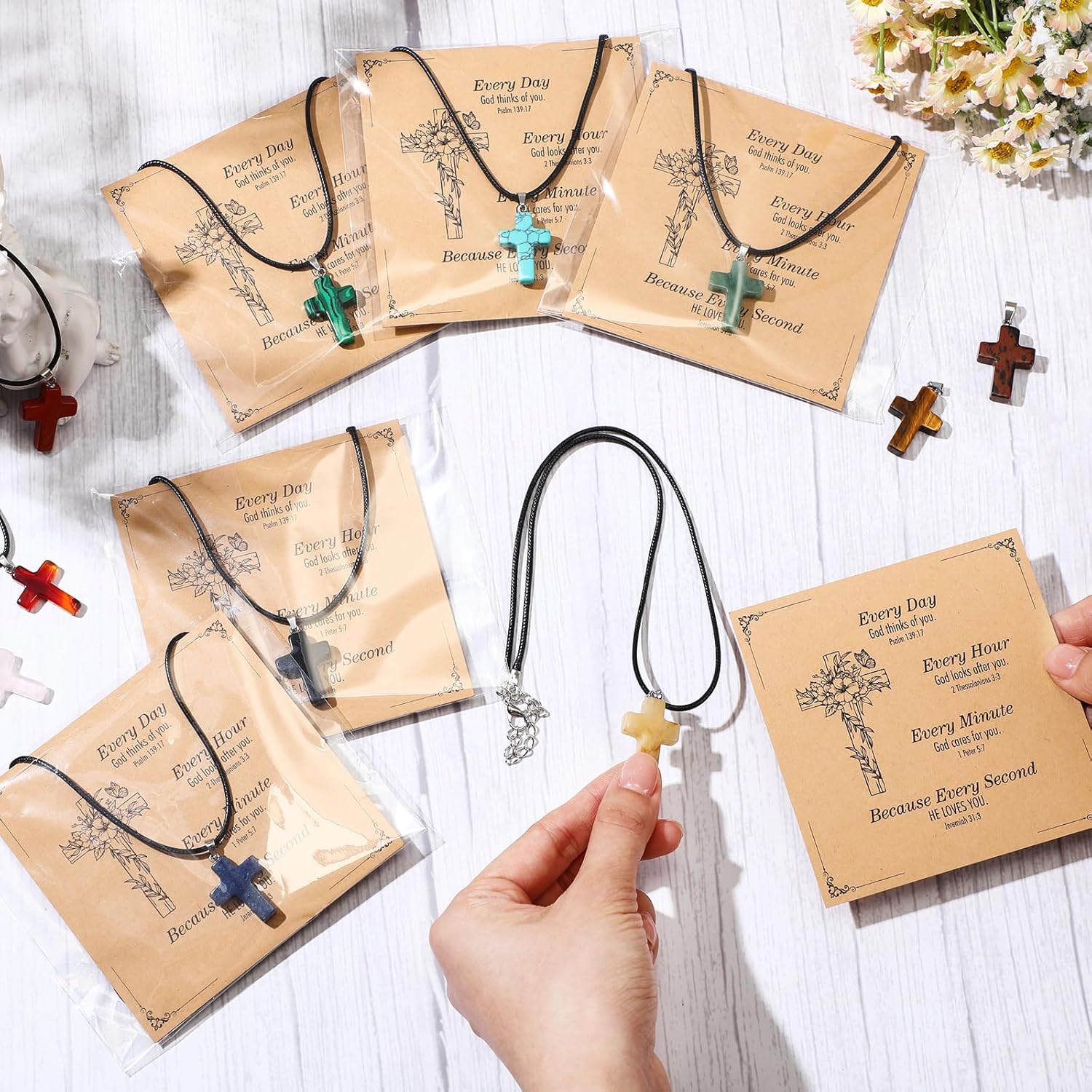 Christian Cross Charms for Jewelry Making Natural Stone Cross Gemstone Pendant Quartz Crystal Charm with Leather Chain and Card for DIY Necklace Earring Bracelet Gifts