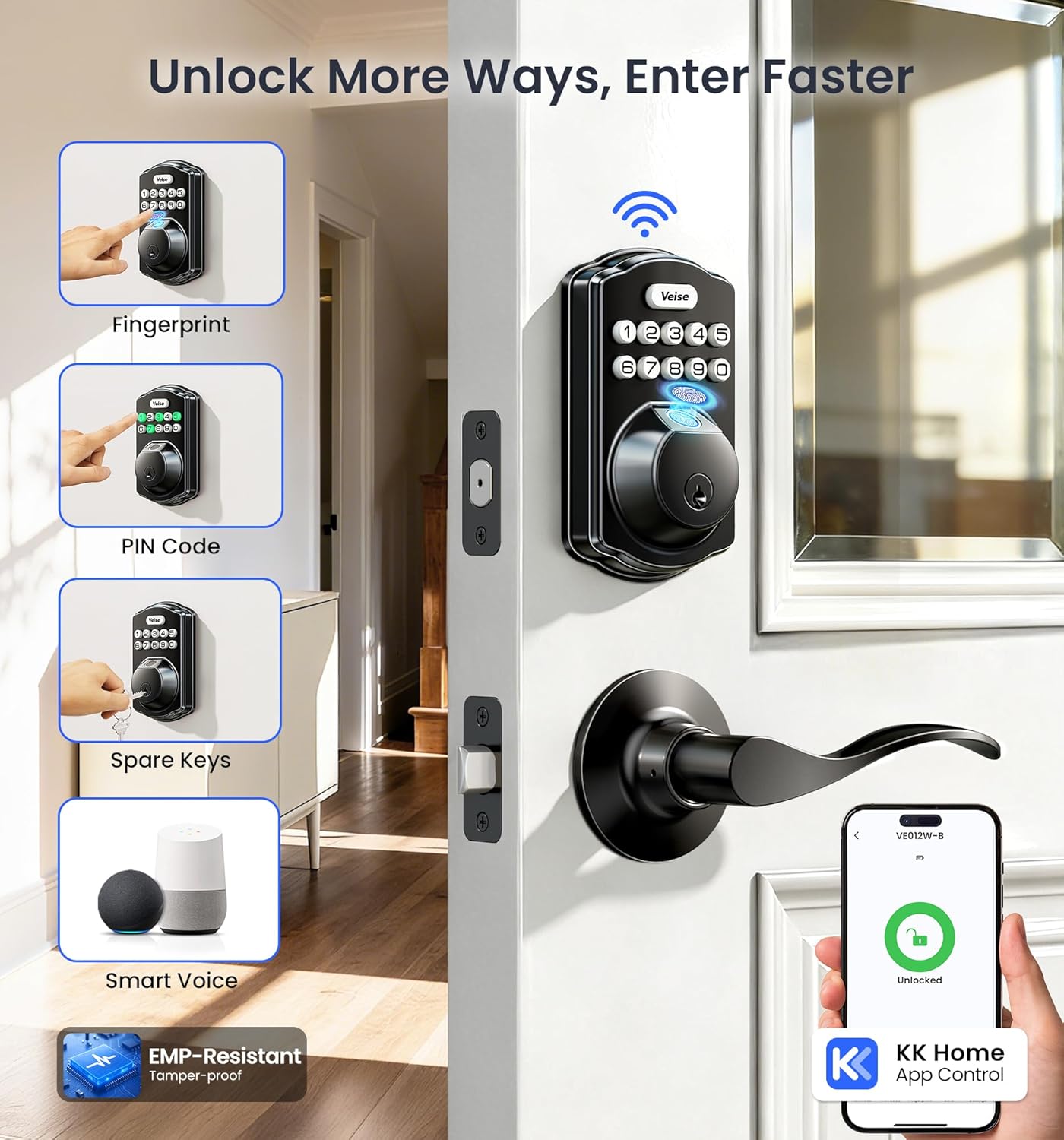 Veise VE012W-B Wi-Fi Fingerprint Smart Lock with Handle Set, Remote App Control, Keyless Entry Front Door Lever, Built-in WiFi No Hub Needed, Backlit Keypad Deadbolt, Auto-Locking, Matte Black