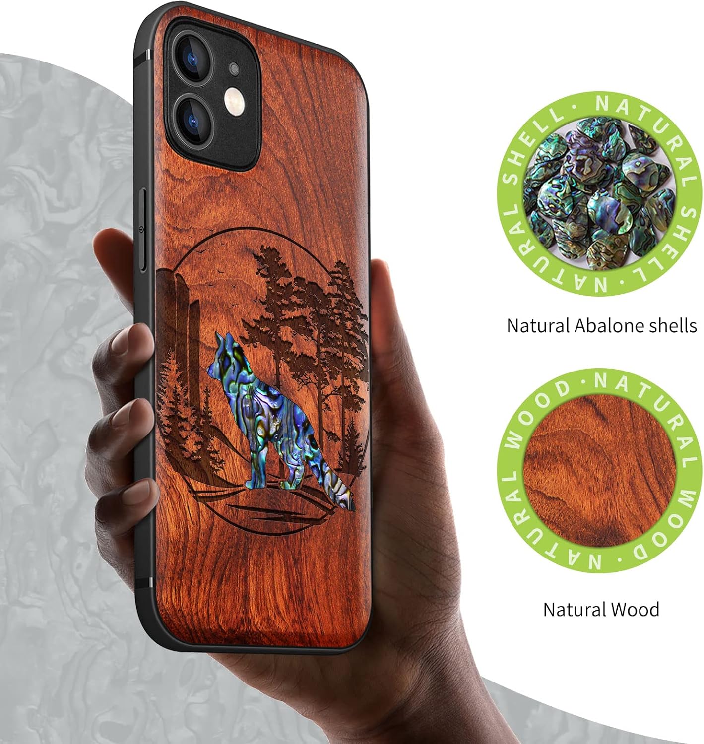 Carveit Designer Wooden Protective Case for iPhone 12 Magnetic Cover [Wood Engraving & Shell Inlay] Compatible with iPhone 12 MagSafe (Fox and Woods-Rosy)