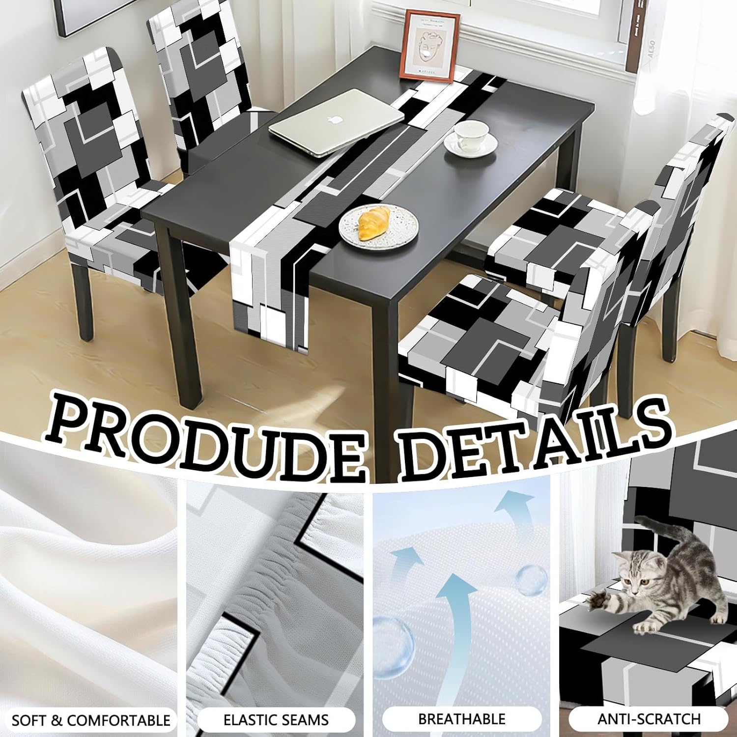 MCALK Geometric Grey Chair Covers Set of 4 and Table Runner,Stretch Grey Chair Slipcovers for Kitchen,Washable Removable Chair Protector Modern Chair Covers for Dining Room
