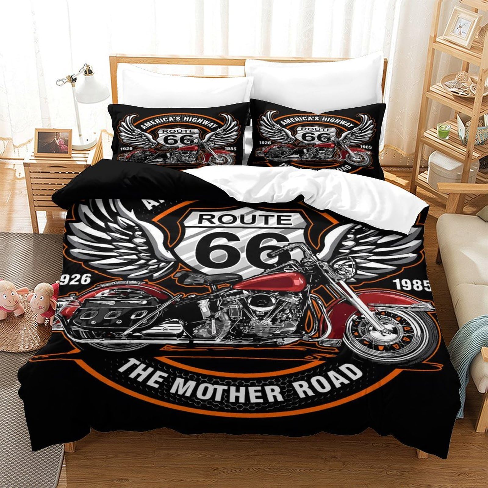 GDEKCIEAS Vintage Bike And Sign Route 66 Boys Bedding Set 3D Quilt Set Cover Set Comforter Cover Bedspread Cover Quilt Cover Soft Microfiber 3 Pieces for Teens Kids Adults Easy Care Double（200x200cm）