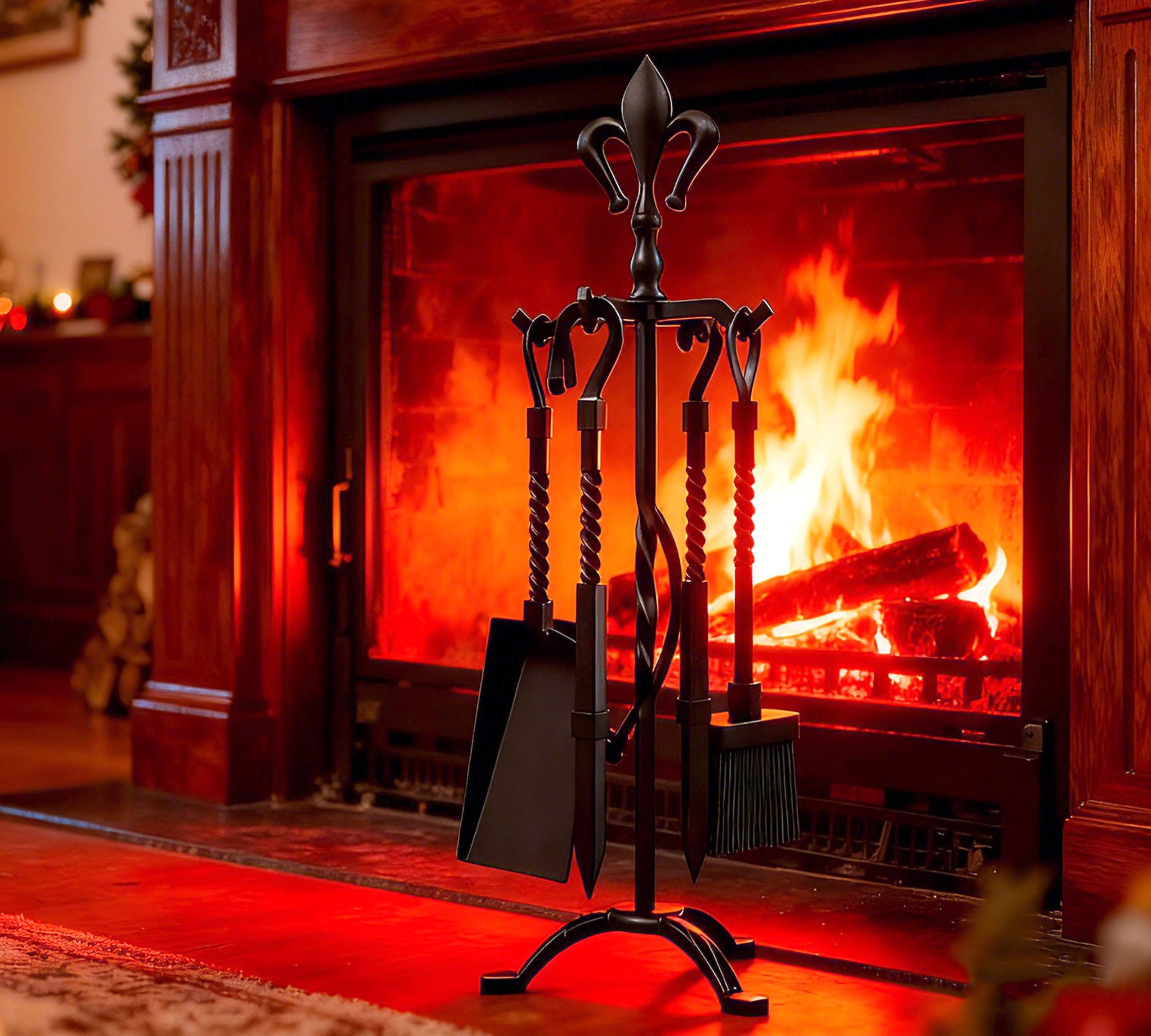 Kingson Set di 5 accessori per caminetto in ghisa, finitura nera, include attizzatoio, pinze, spazzola, pala e supporto, set di attrezzi per caminetti tradizionali, altezza 53 cm