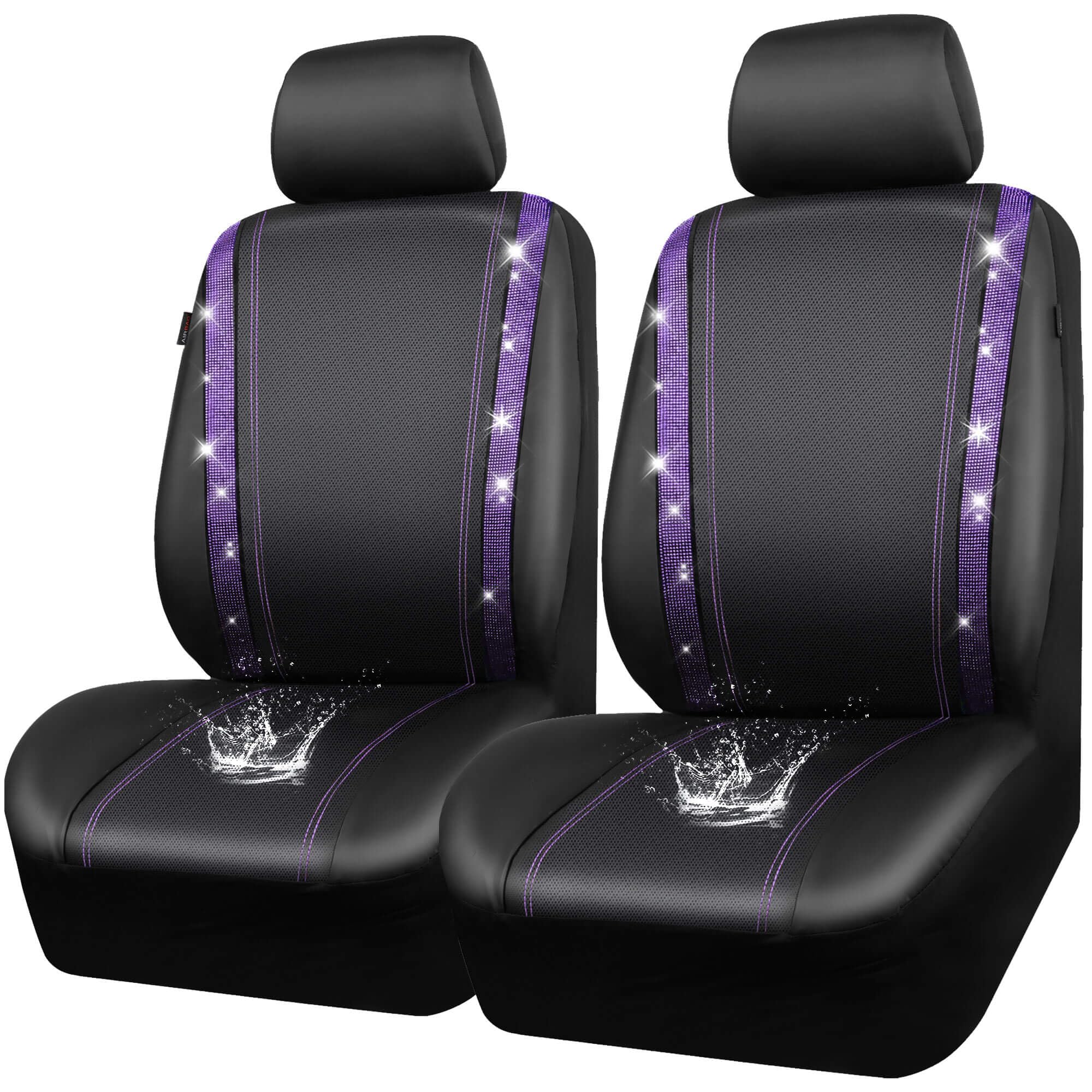 CAR PASS Leather Diamond Bling Car Seat Cover 2 Front Interior Sets, Waterproof Universal Shining Glitter Crystal Sparkle Fit for 95% Automotive Truck SUV Cute Women Girl, Black Purple Rhinestone