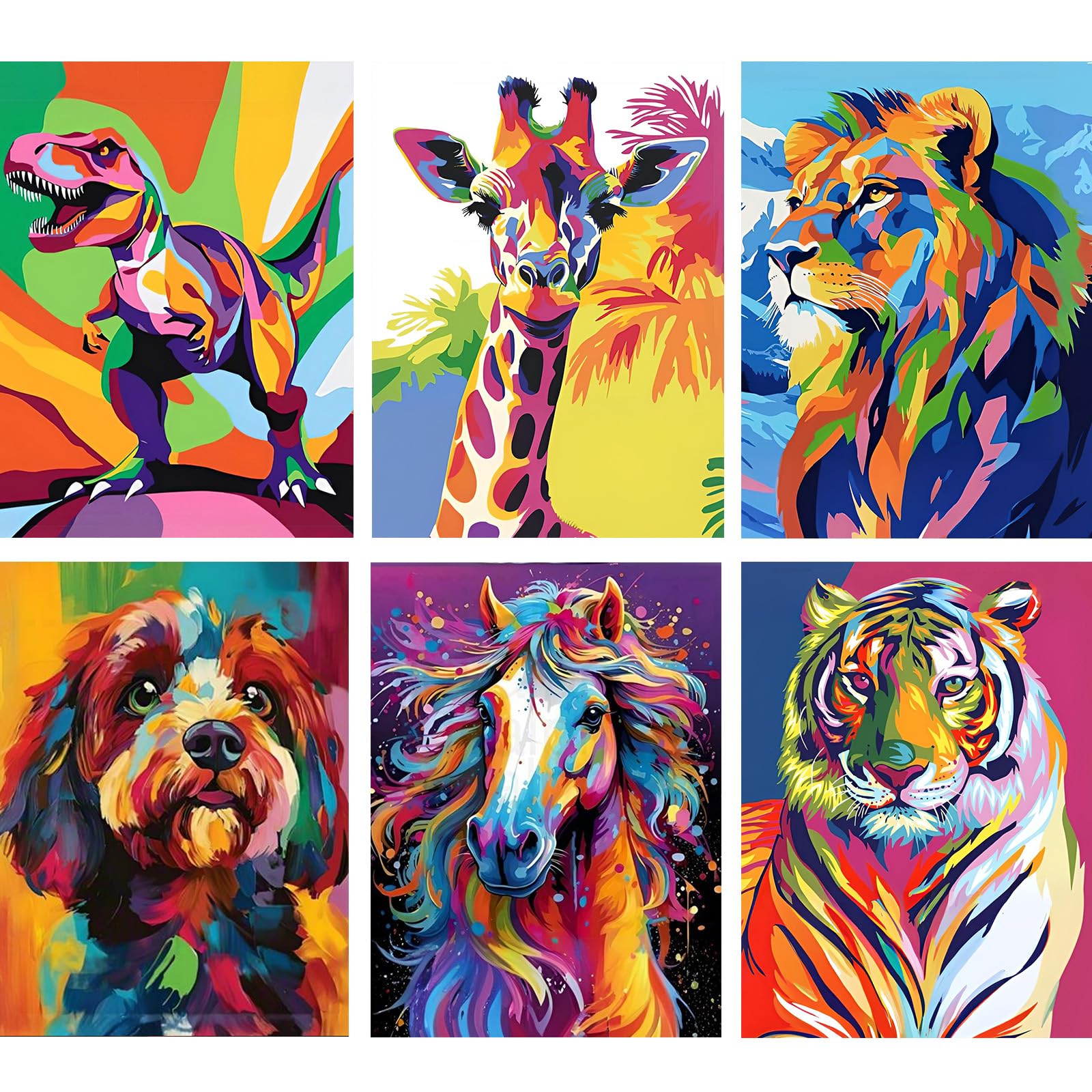 Jawecci 6 Pack Diamond Art Kits for Adults Beginners, Colorful Animals Diamond Painting, 5D DIY Full Drill Dinosaur Tiger Diamond Painting Gifts for Home Decor 30x40cm/12x16in