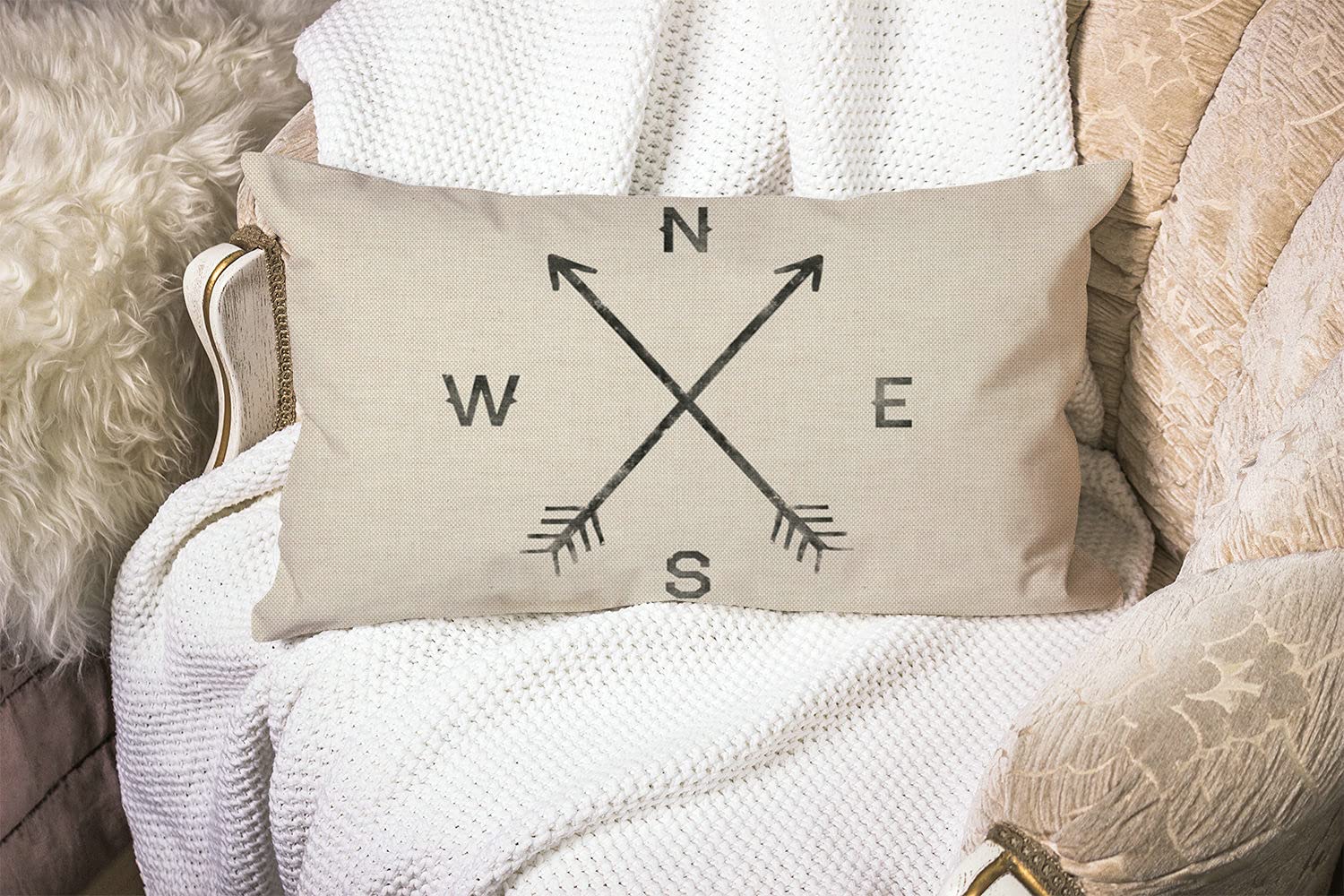 Smooffly 12x20 Inches Pillow Cover Rustic Farmhouse Decor Arrows Pillowcases Cotton Linen North South East West Arrows Throw Pillow Case Cushion Cover for Sofa Couch Bedroom
