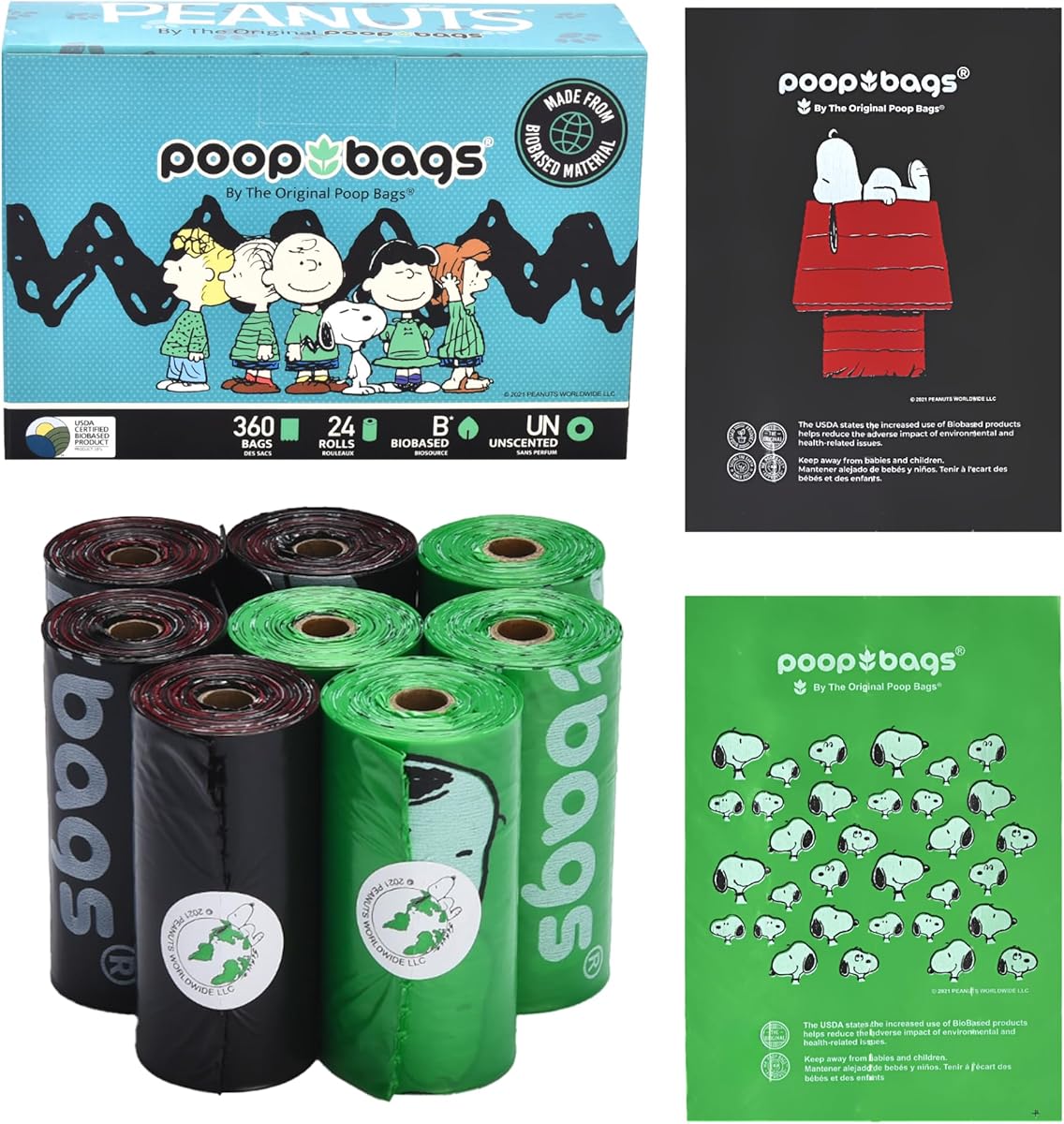 Amazon.com : The Original Poop Bags® 38% USDA Biobased Pet Waste Bags, Peanuts Design, Leak-Resistant & Durable, Black/Green, 360 Count : Pet Supplies