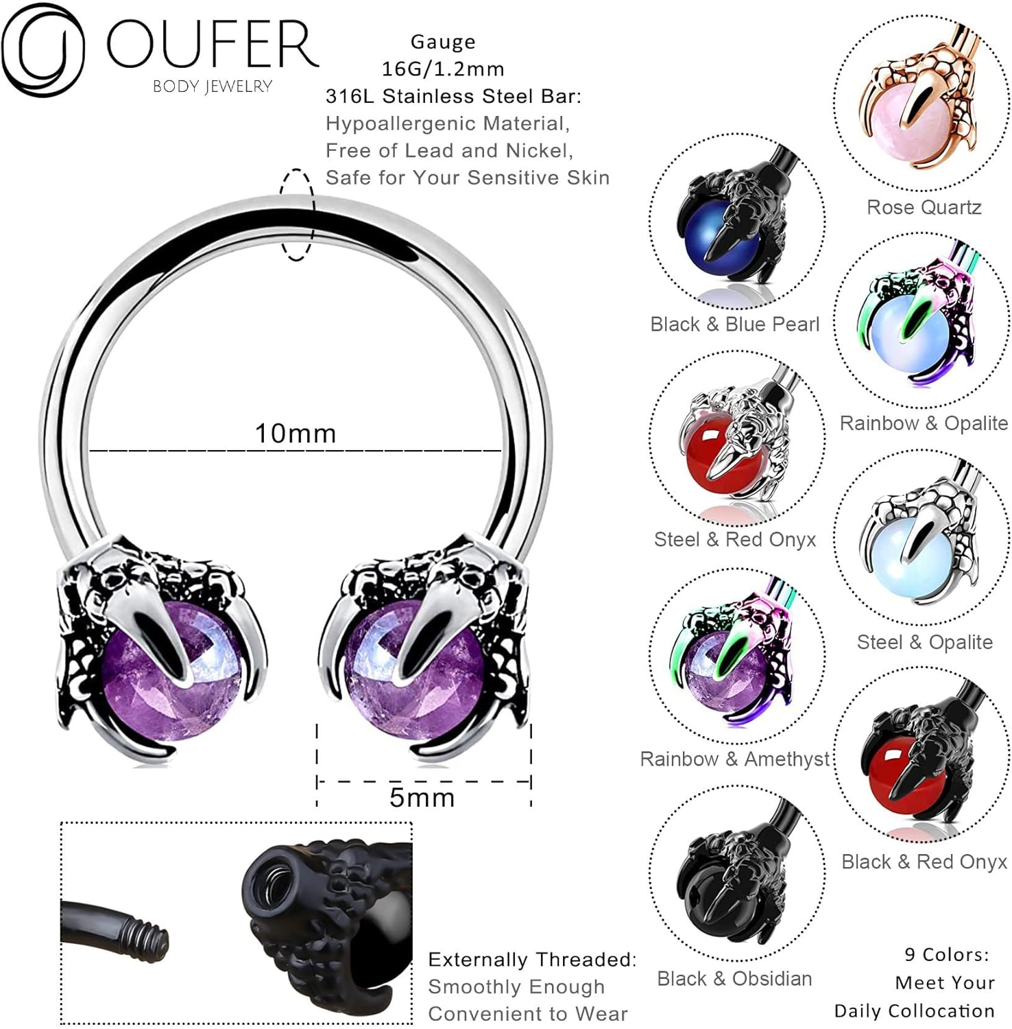 OUFER 316L Surgical Steel Circular Earrings Two White Opals Surrounded by Dragon Claws Cartilage Earing Ear Body Piercing Jewelry Helix Earrings Piercing… - Image 4