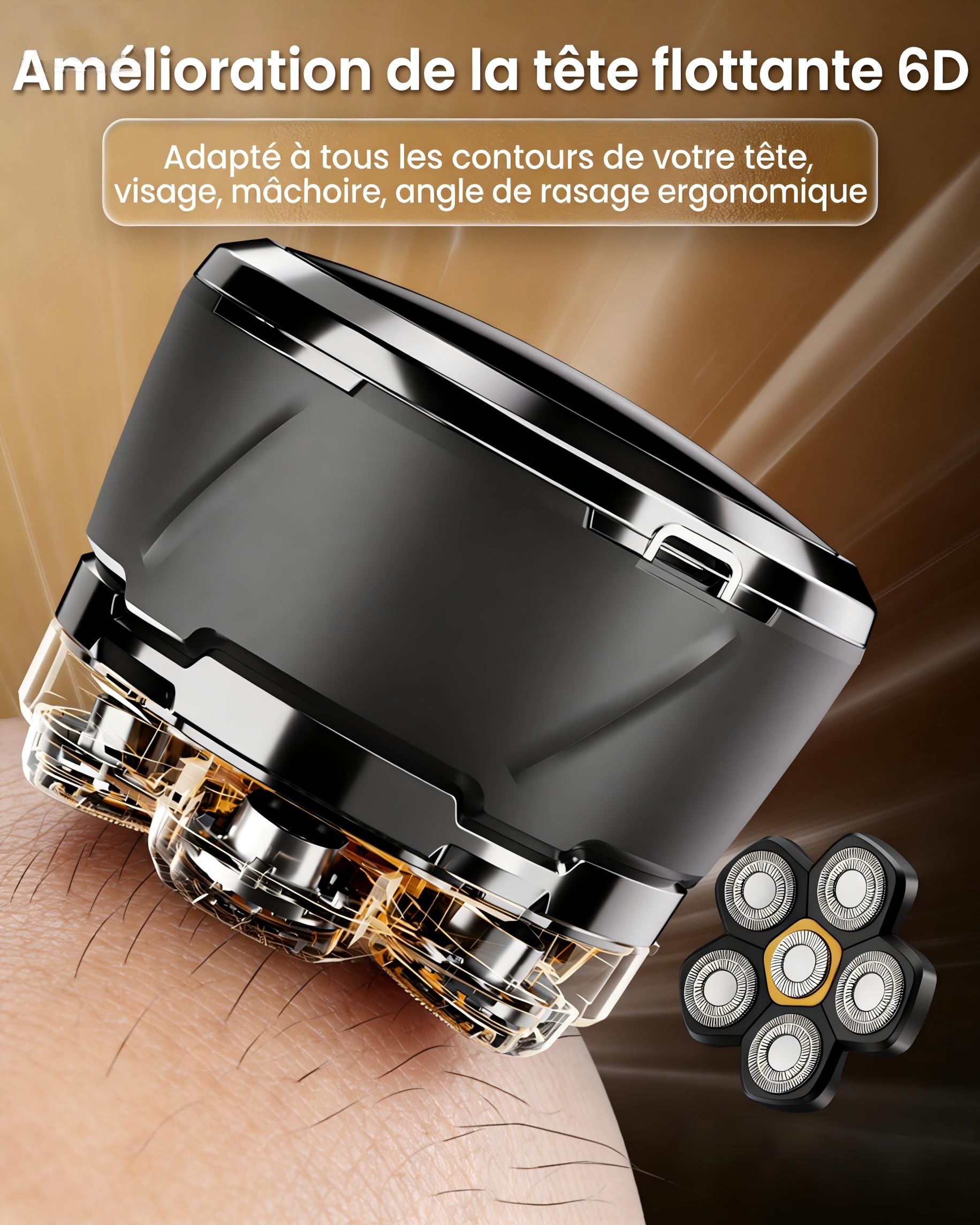 Rasoir Tête Chauve Homme, Version 2026 Améliorée 6D Rasoir Électrique à Crâne, IPX8 Étanche Wet & Dry, Sans Fil Type-C avec Écran LED