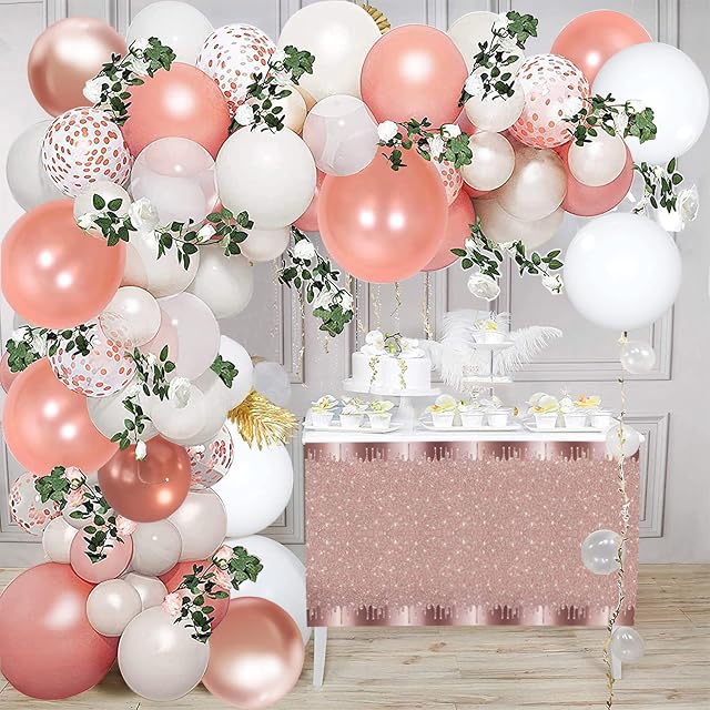 Balloon Arch Garland Kit, 115pcs Rose Gold White Latex Balloons Rose Vines for Wedding Baby Shower Christmas Birthday Carnival Party Decorations