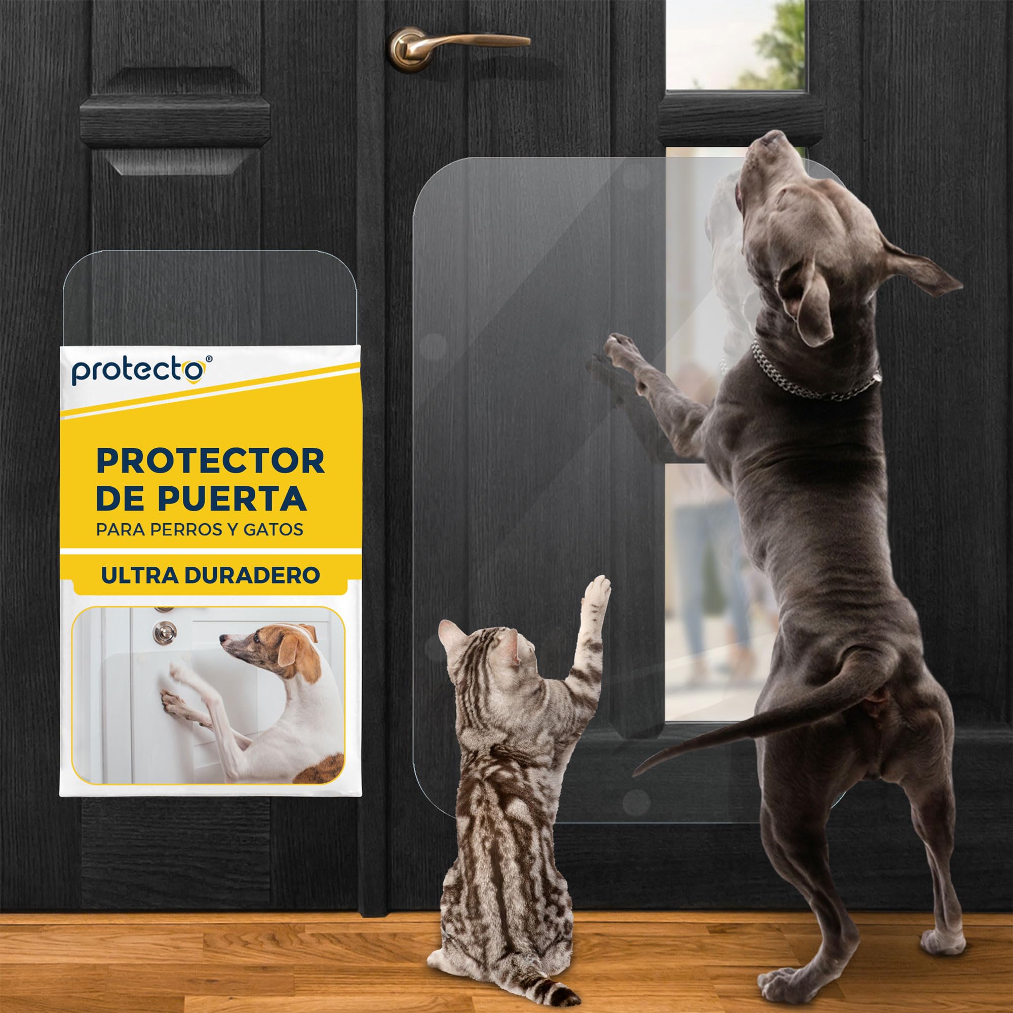 PROTECTO Protector de Puerta Resistente Transparente, Protección contra Arañazos de Gato y Perro - Fácil de Colocar (Paquete de 1 - Transparente, 75 x 50 cm)