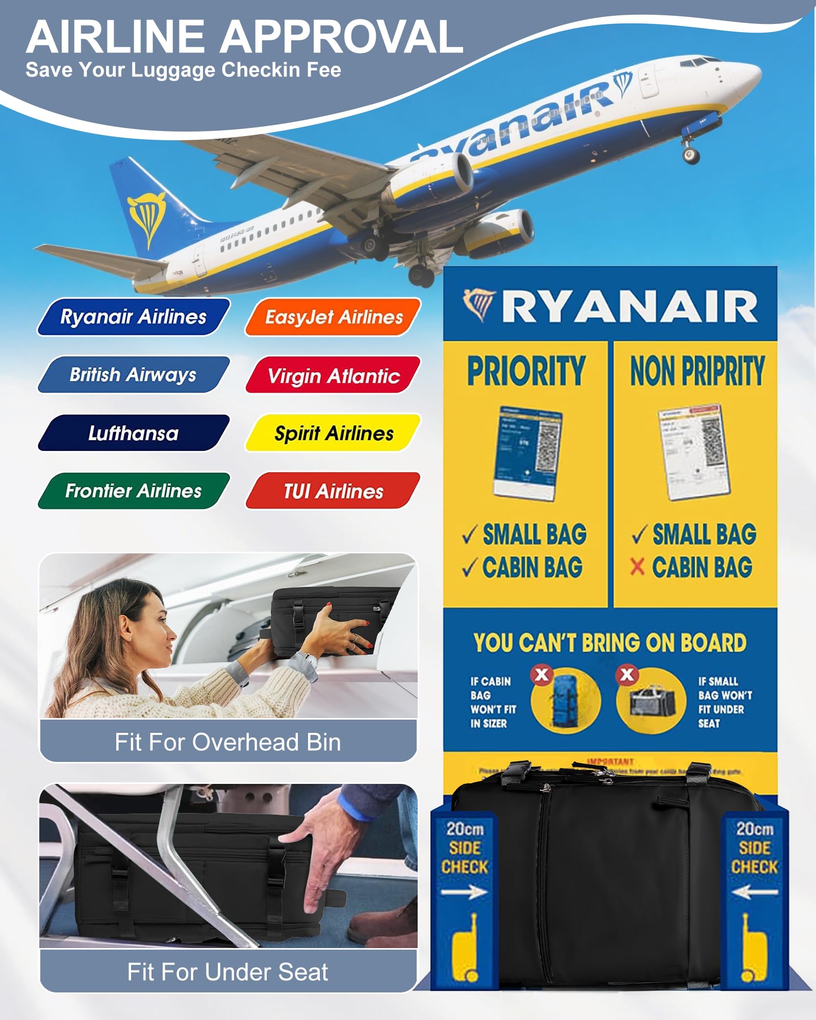 Mochila Viaje Cabina Avion 40x30x20 para Ryanair Mochilas de Vacío con Bomba Bolsa de Cabina Easyjet Equipaje de Mano para Mujer Mochila de Senderismo Mochila Impermeable Cabina Mochila,B01-Negro