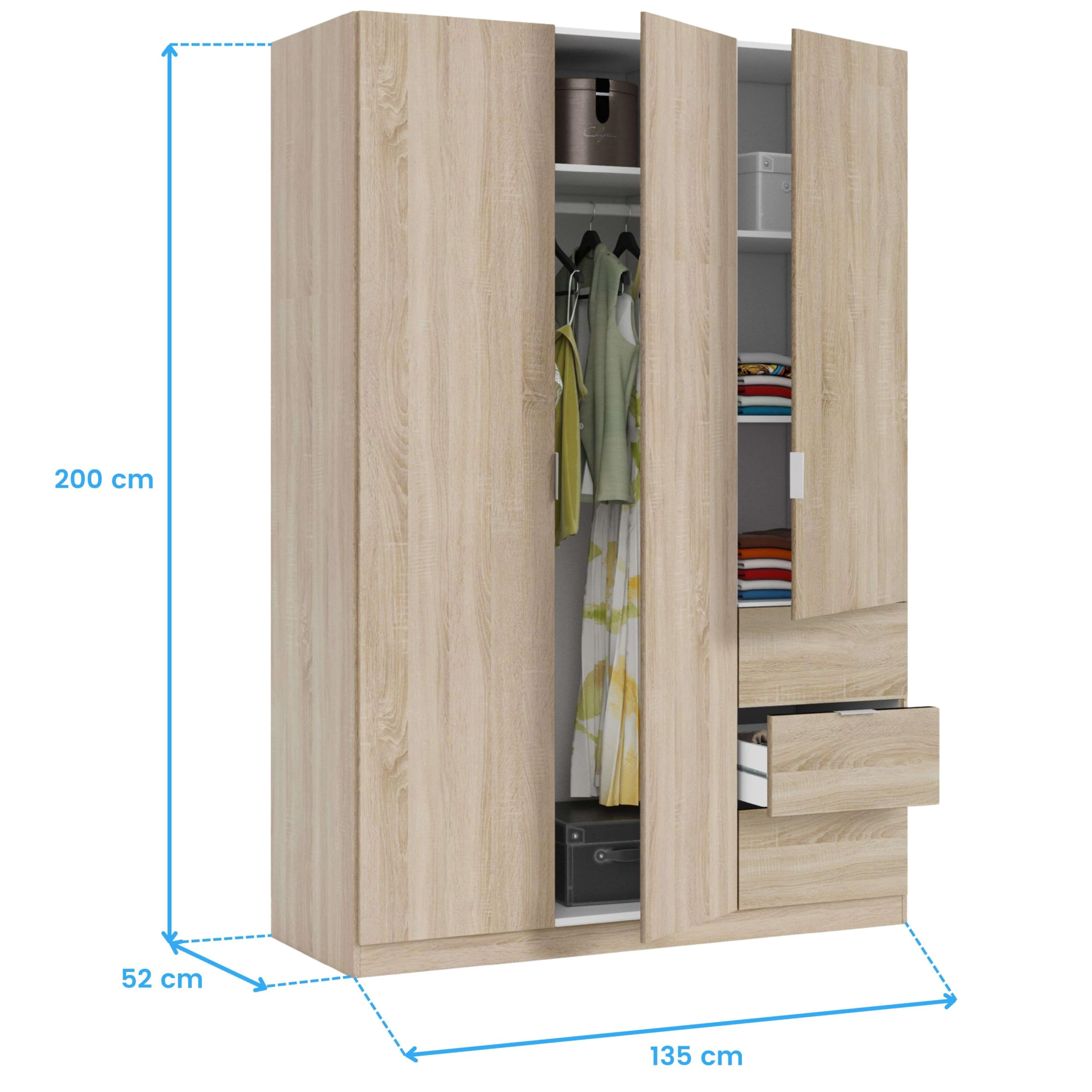 Habitdesign Armario Ropero 3 Puertas 3 Cajones, Armario Alto Dormitorio, 200x135x52 (AltoxAnchoxFondo - en cm), Color Roble Canadian