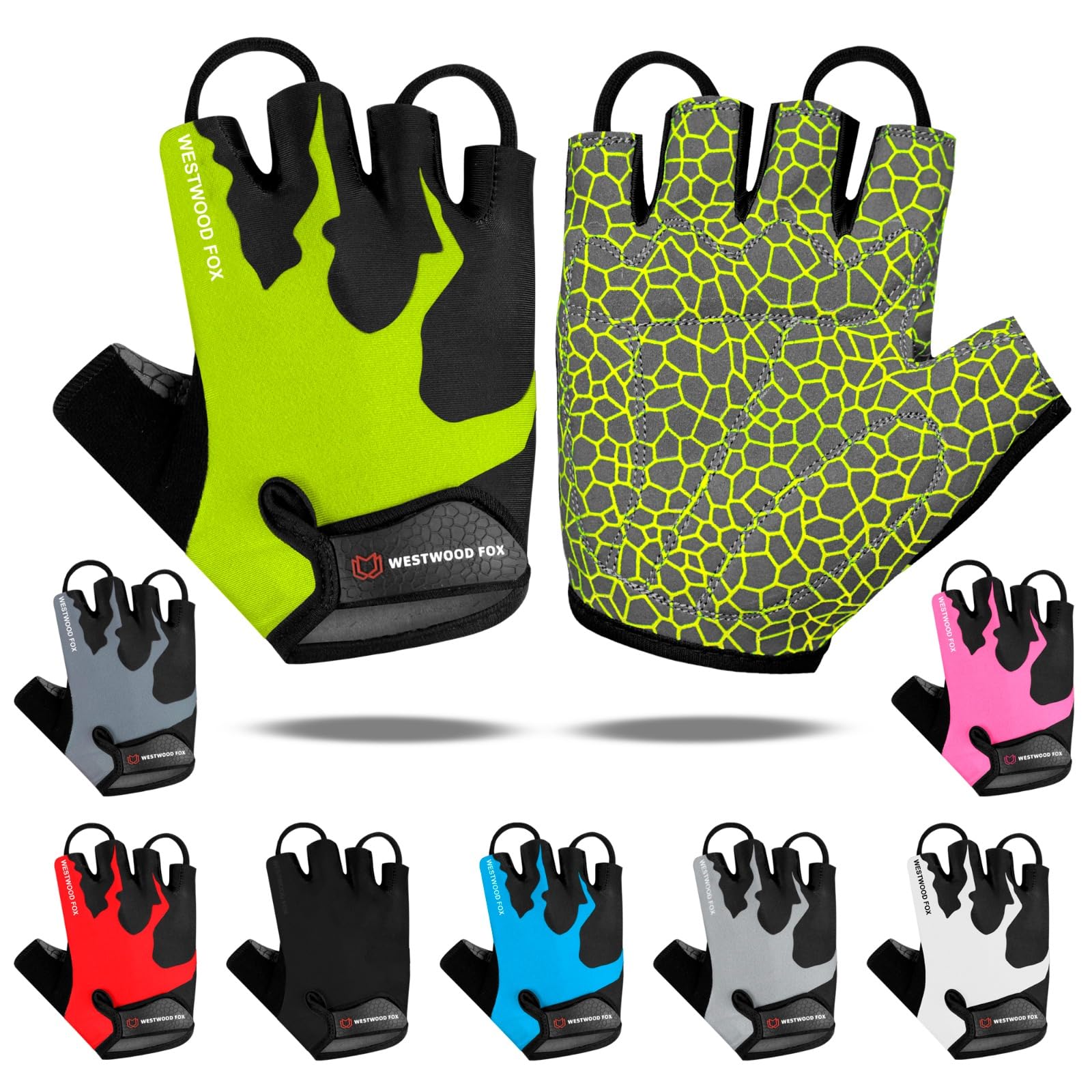 WESTWOOD FOX Cycling Gloves Half Finger Unisex Padded Grips Palm Bicycle Summer MTB Bike Gloves for Men Women Non-Slip Fingerless Short Mountain Bike