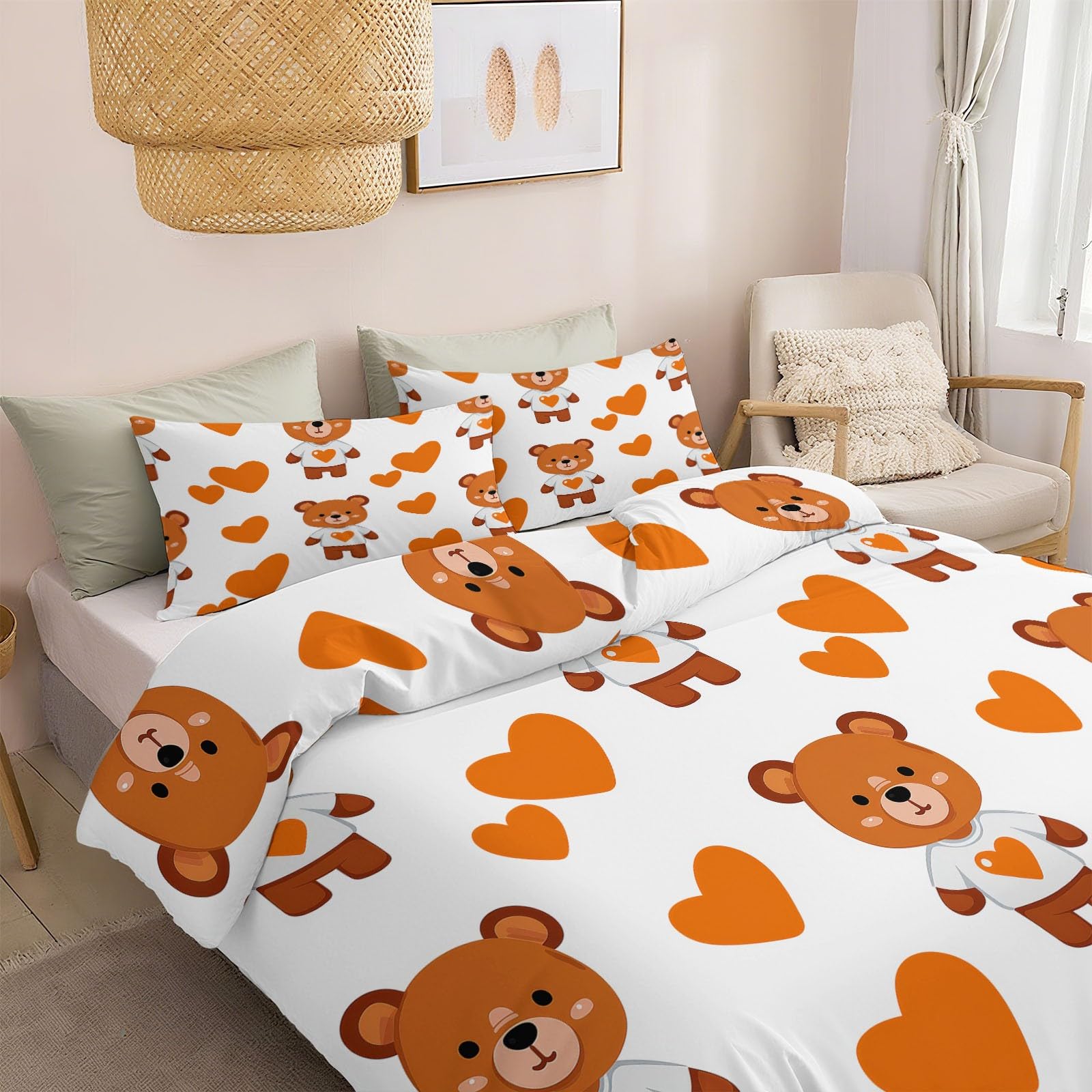 Generisch 3-częściowy komplet pościeli z motywem misia, serc, 220 x 240 cm, słodka pościel z motywem zwierząt z mikrofibry + 2 poszewki na poduszkę 80 x 80 cm, przytulna, miękka, biała pościel z