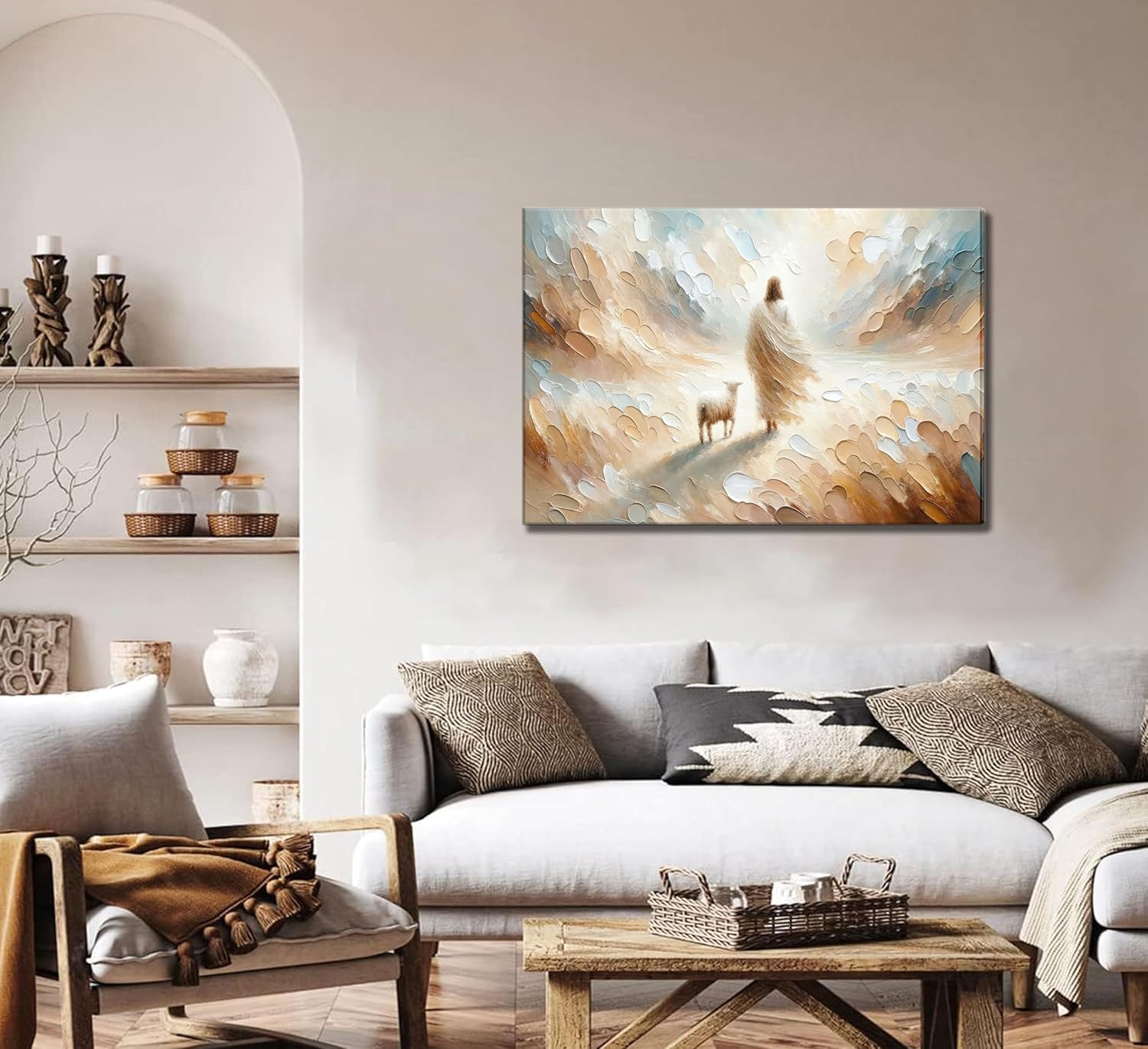 Jesus leaves the 99 sheep Canvas Wall Art Christian Jesus God Savior Wall Decor Picture Lamb Lost Sheep Poster Print Painting for Living Room Bedroom Church Decoration Ready to Hang Jesus leaves 99 24"L x 16"W-Canvas