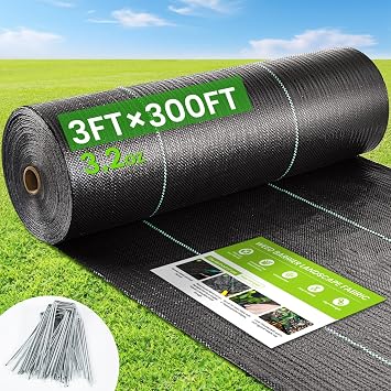 Weed Barrier Fabric, 3x300ft Landscape Fabric, 3.2oz Heavy Duty Durable Woven Geotextile Fabric, High Permeability Ground Cover Mat, Driveway Fabric, Garden Weed Control Cloth with 20 U-Securing Pegs