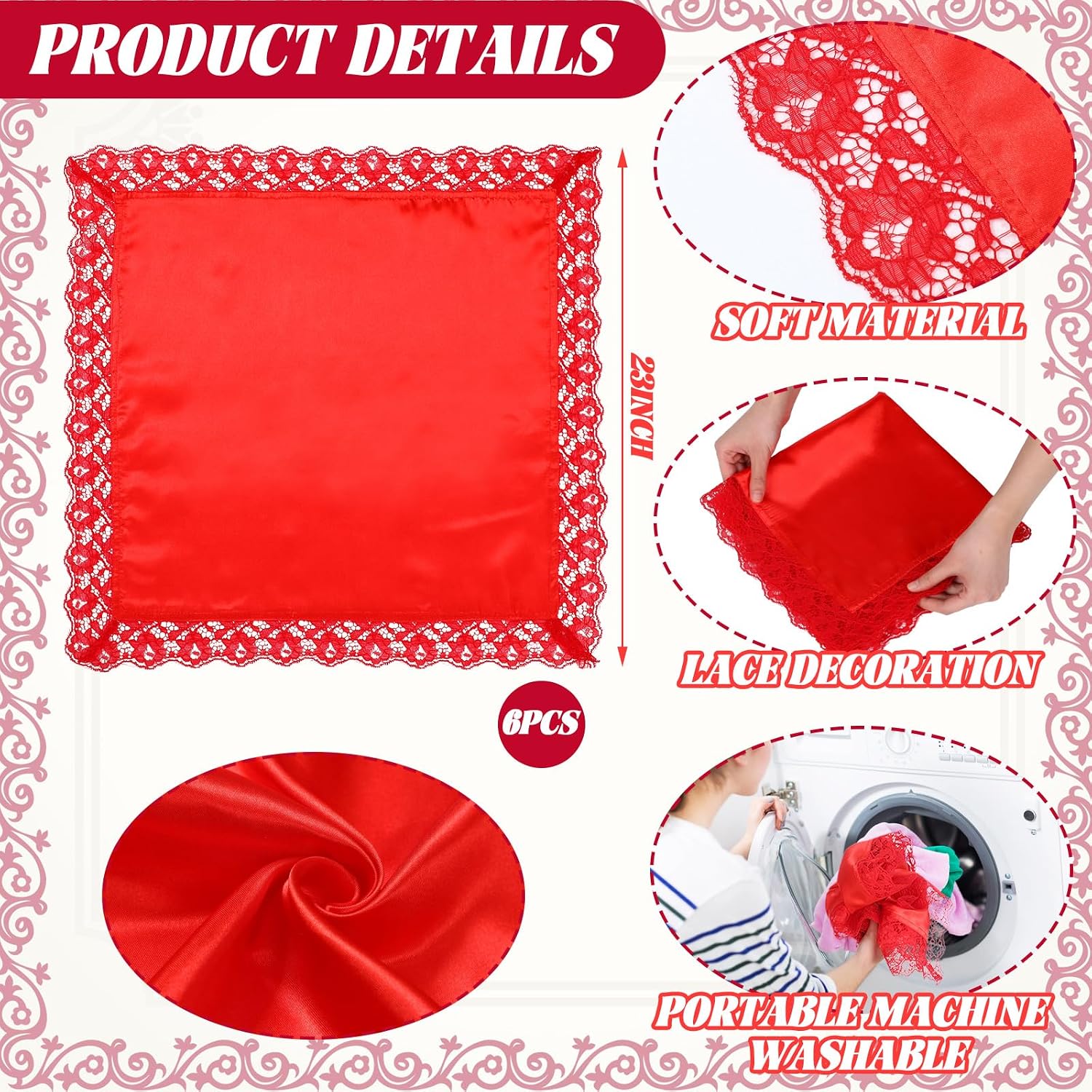6 Pcs 23'' Women Lap Scarf Handkerchiefs Bulk Ladies Satin Lace Handkerchief for Lap Covers Church Office