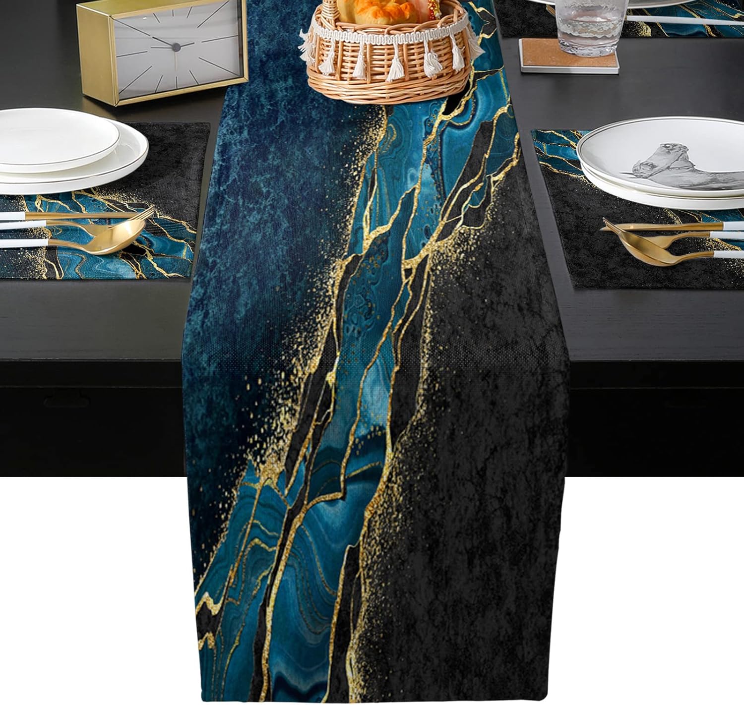 Marble Peacock Blue Table Runner Place Mats for Hot Plates