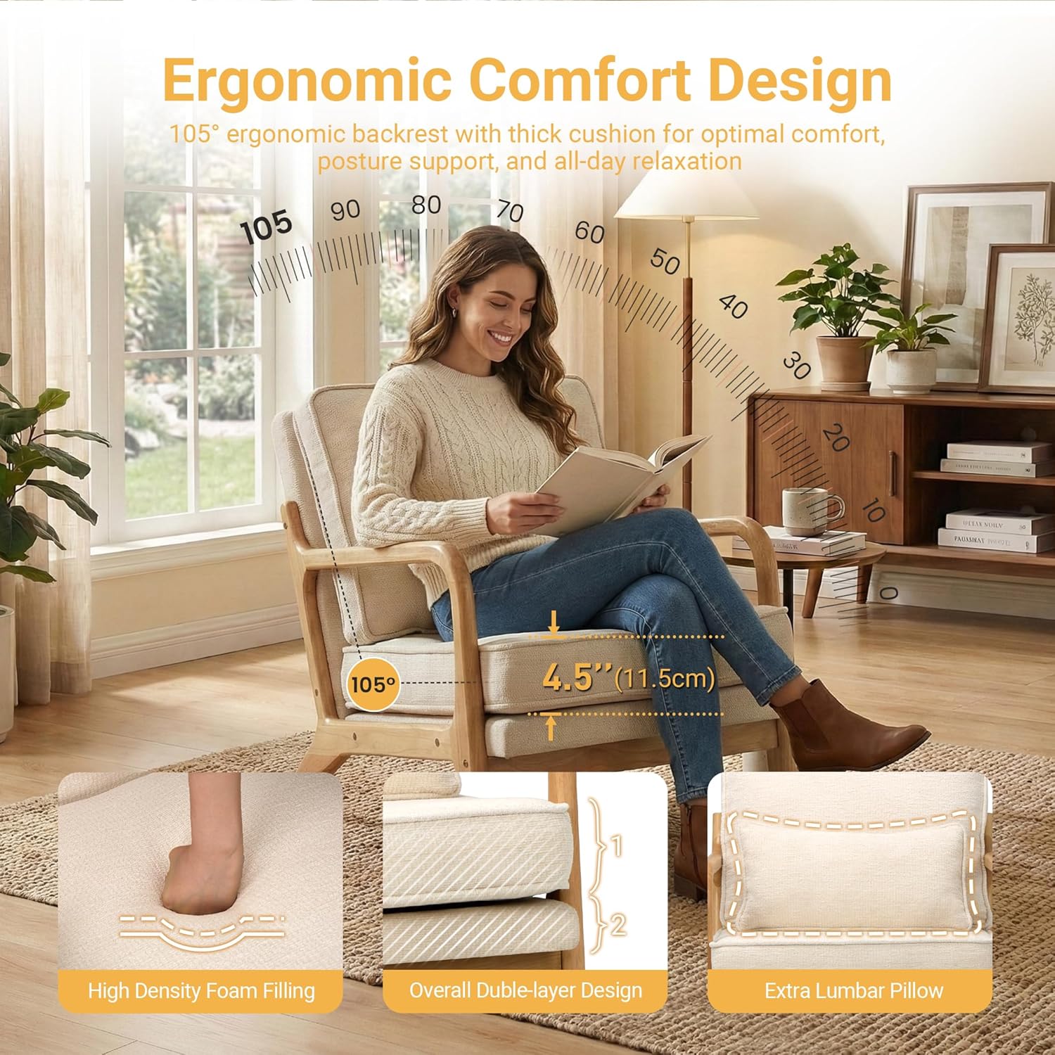 Accent Chairs Set of 2, Mid Century Wooden Modern Upholstered Arm Chair with Lumbar Pillow & Removable Soft Cushion, Reading Chair for Living Room, Bedroom, Balcony,Coffee(Beige/Blue/Green/Grey)