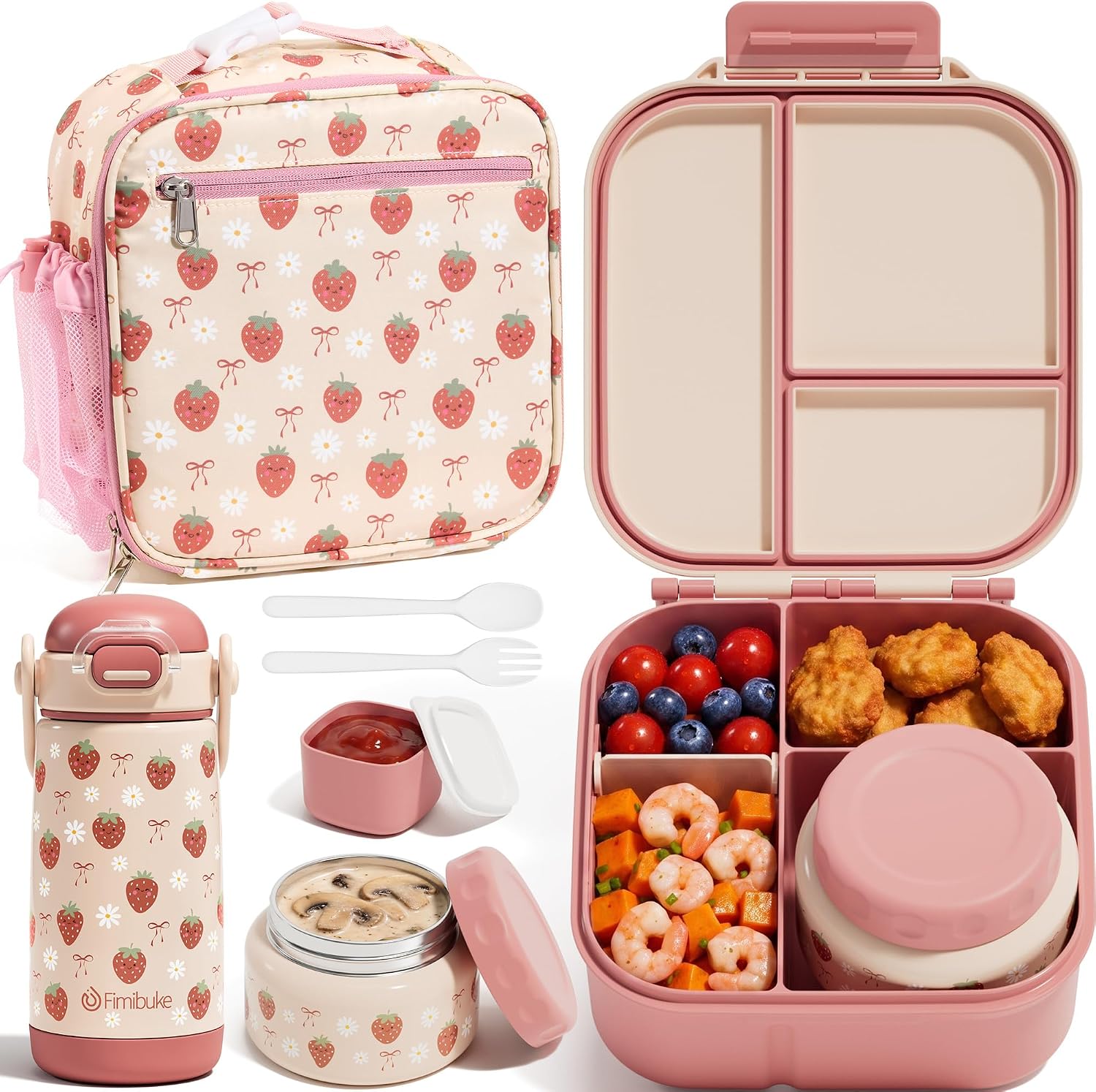 Fimibuke Kids Bento Lunch Box w/Insulated Water Bottle, Lunch Bag & Thermo