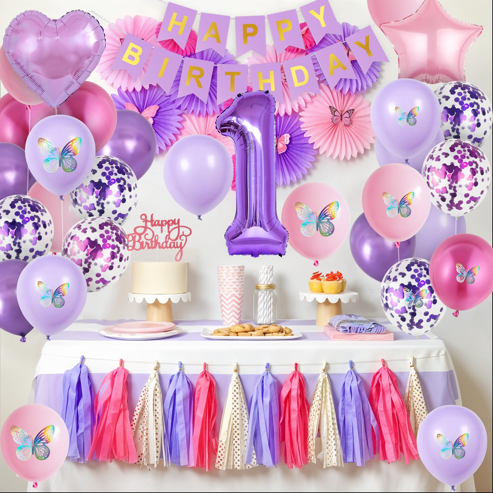 Butterfly Party Decorations Pink & Purple 1st Birthday Decorations Set ...