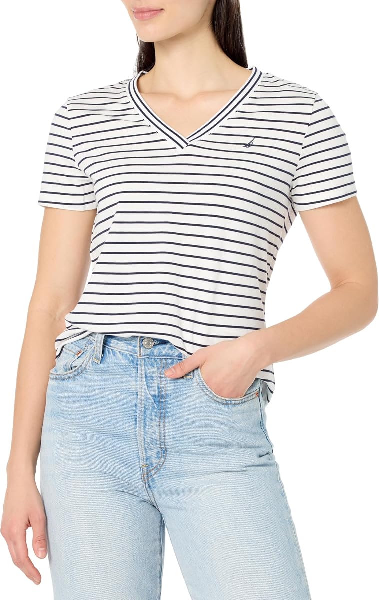 Nautica Womens Stripe V-Neck Short Sleeve T-Shirt