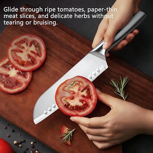 Miniatura 5 de Santoku - Cuchillo de chef de 7 pulgadas con acero alemán afilado de alto carbono, mango ergonómico antideslizante para cortar, cortar carne y