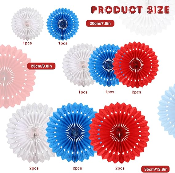 BestoFun Pack of 12 Paper Fans Rosettes Decorative Red Blue White Hanging Paper Fans Decoration for 4th of July USA Party Birthday Summer Party Fan Party and Party Decoration