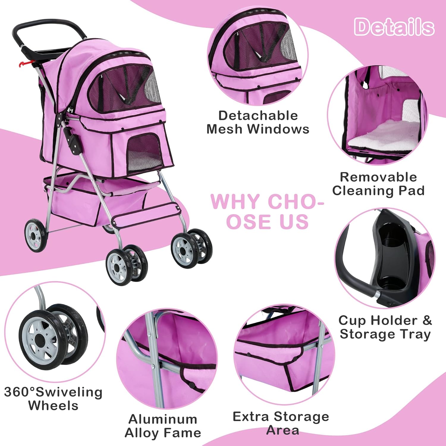 4 Wheels Dog Stroller, Foldable Pet Stroller for Small Medium Dogs, Portable Breathable Cat Stroller Dog Strollers with Storage Basket, Cup Holders, Removable Liner for Travel & Outdoor Use, Pink