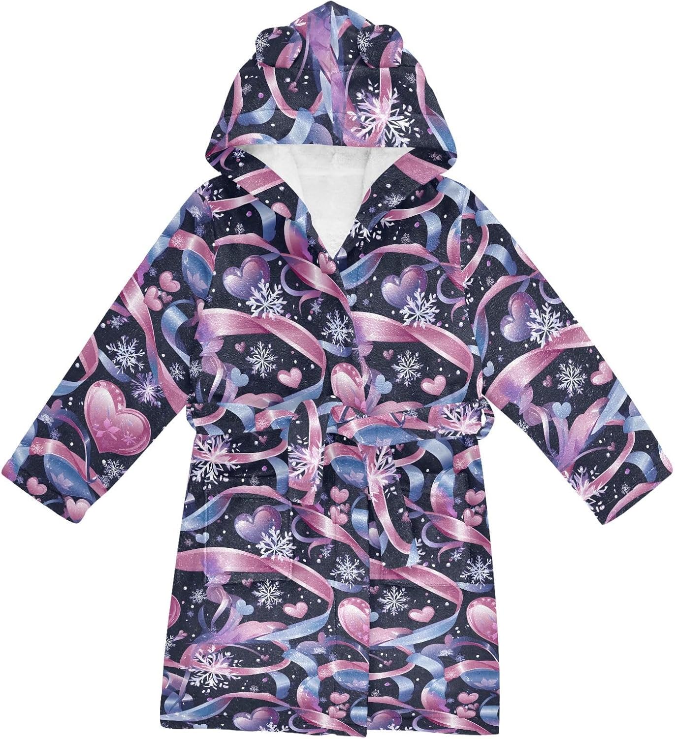 senya Ribbons Snowflakes Hearts Toddler Hooded Bathrobe Kids Soft Plush Bath Towel Robes for Boys Girls 2-12 Years