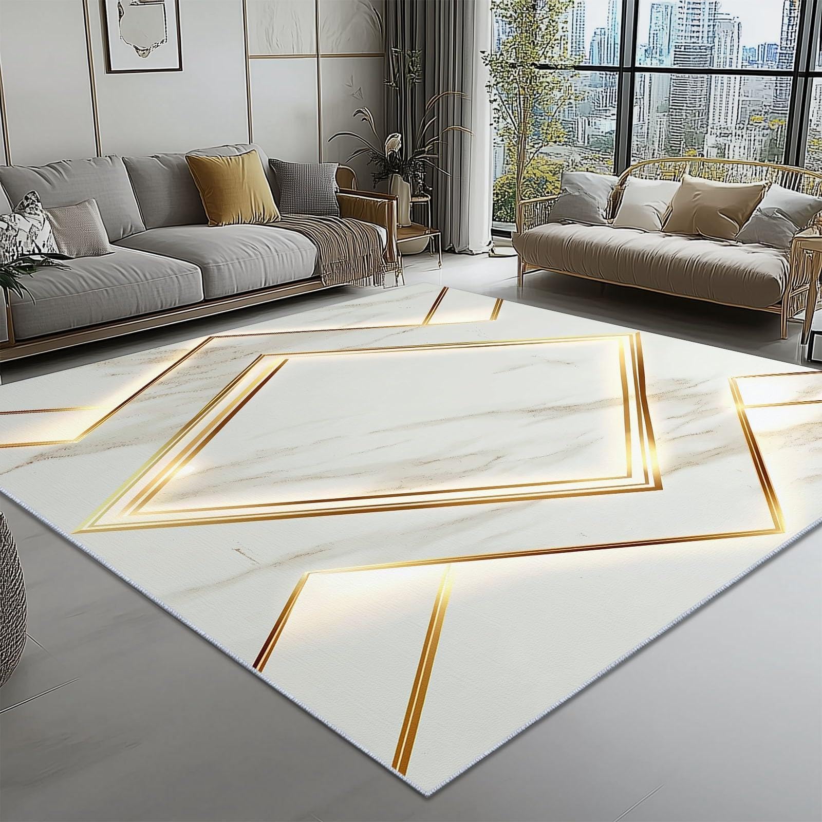 Tapis moderne marbre blanc doré 100x200 cm symétrique pour salon et chambre