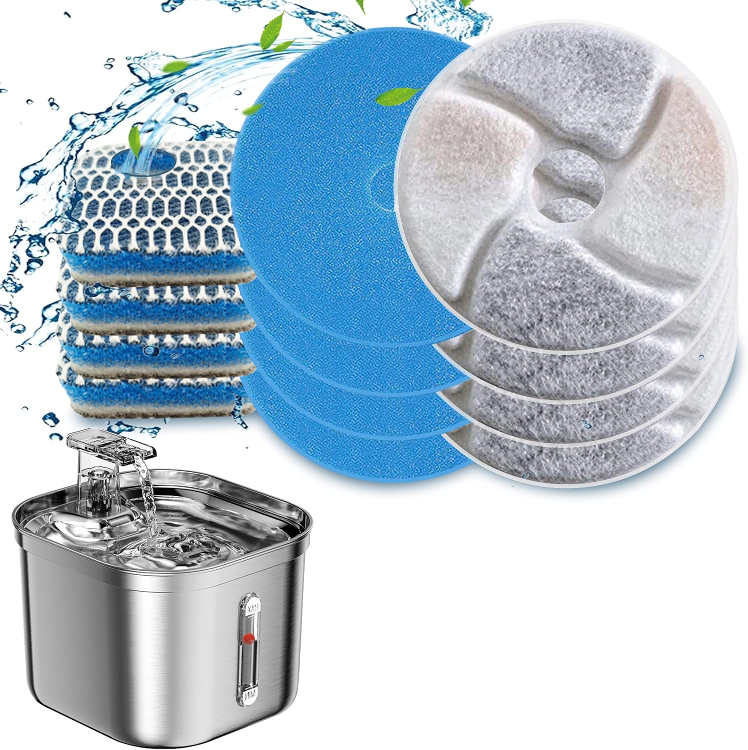 Homtyler Stainless Steel Square Cat Water Fountain Filters 4 Pack Cat Fountain Filter Replacement, 3 Triple Filtration System, Activated…