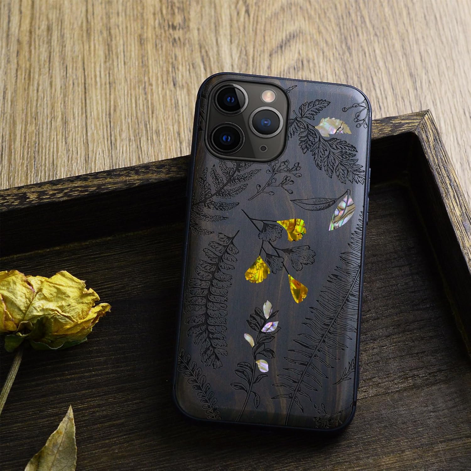 Carveit Designer Wooden Protective Case for iPhone 11 Pro Cover [Wood Engraving & Shell Inlay] Compatible with 11 Pro Case (Fern Leaves & Herbs-Blackwood)