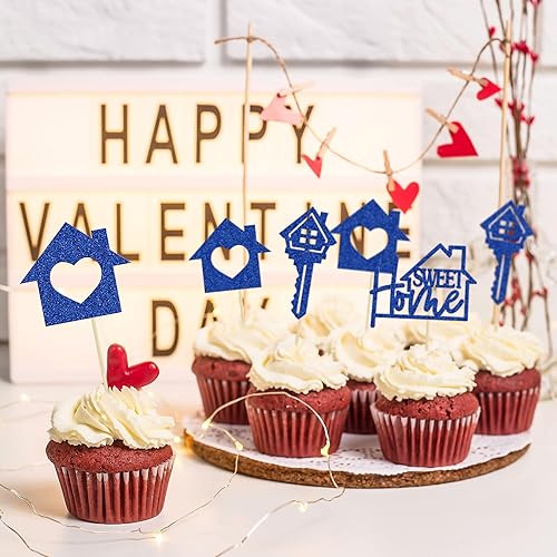 Miniatura 6 de Gyufise Paquete de 24 adornos para cupcakes Sweet Home con purpurina para inauguración de la casa, para bienvenida, nuevo hogar, fiesta temática,
