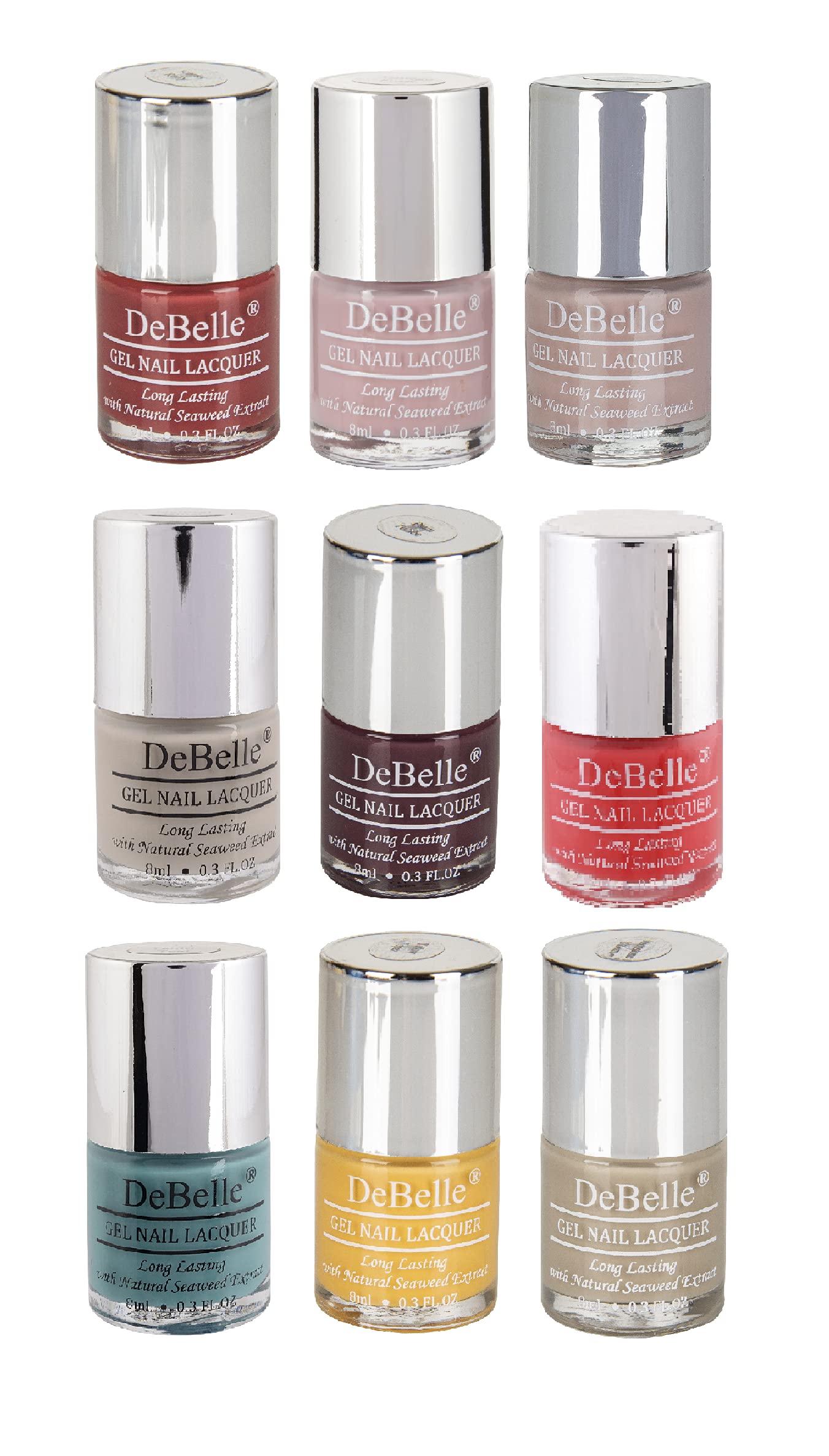 DeBelle Gel Nail Polish Combo Set Of 9 Royal Charm -Scarlet Ruby, Vintage Frost, Peony Blossom, Natural Blush, Plum Toffee, Princess Belle, Tahiti Teal, Yellow Topaz, Moonstone Bloom, 72ml (8ml Each)-image-22