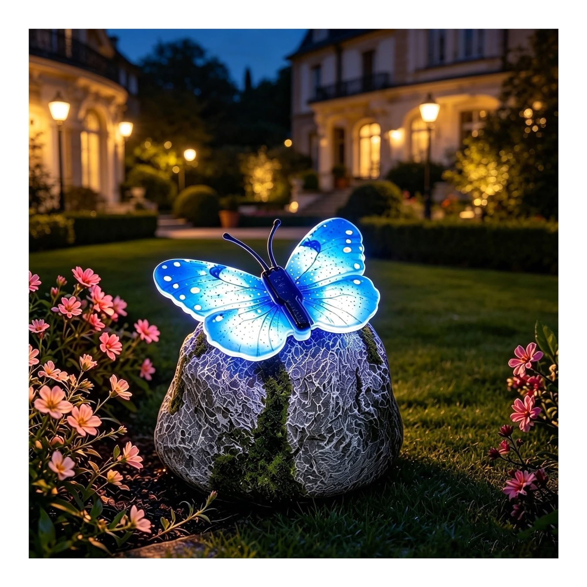 sloiaz Illuminated Butterfly Stone Garden Light, Waterproof Outdoor Solar Butterfly Decor, Unique Yard Art Figurines, Glowing Lawn Ornaments(Blue)