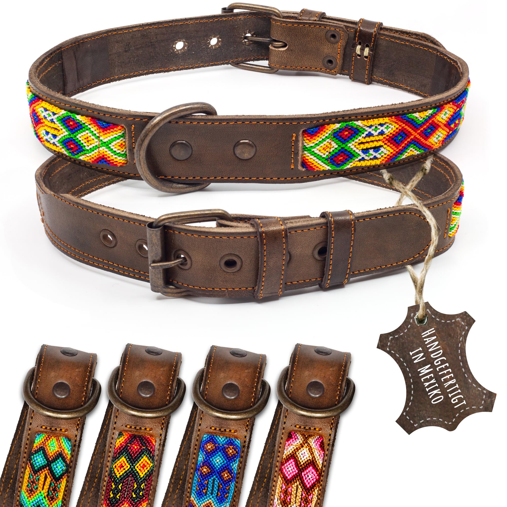 Collare per cani in pelle bovina, doppio tribale ricamato, colore marrone, lavorazione di alta qualità, colorato, fatto a mano in Messico, taglia XL