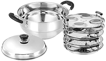 Amazon Brand - Solimo Stainless Steel Induction Bottom Multi Kadhai with 5 plates(idli, Dhokla and pathra), Silver