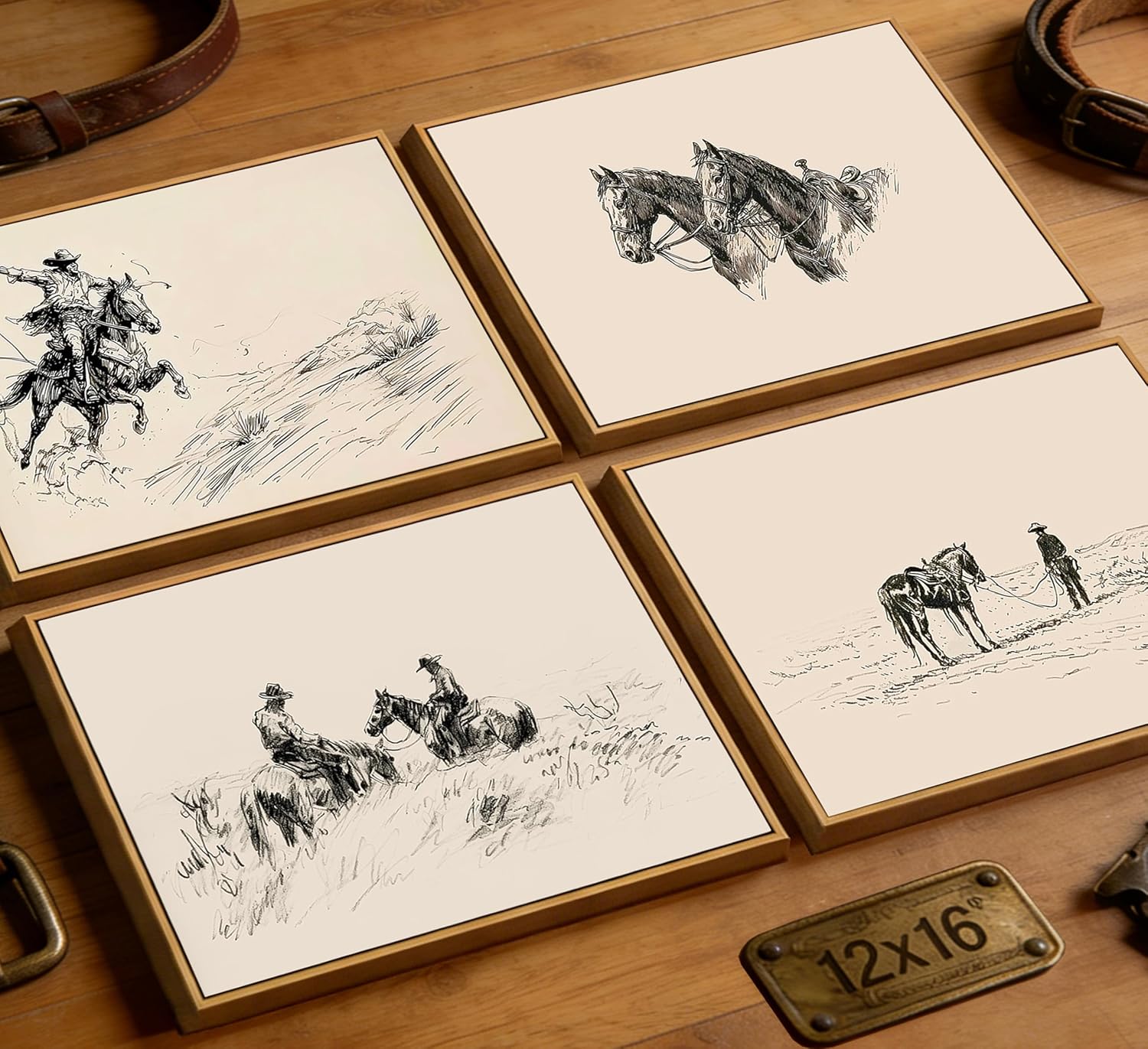 4Pcs Framed Western Cowboy Sketch Canvas Wall Art Vintage Southwest Cowboy Painting Picture Wall Decor Rustic Country Poster Print Artwork for Farmhouse Bedroom Gallery Home Decoration 12x16in