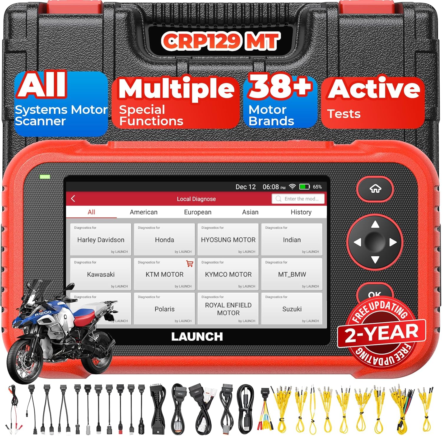 Launch CRP129 MT Pro Motorcycle Scanner, OE All System Bidirectional Active Tests, Resets for Harley Honda Yamaha Kawasaki Indian Suzuki Polaris Victory, 38+ Brands, 11 Languages, 2 Years Upgrades