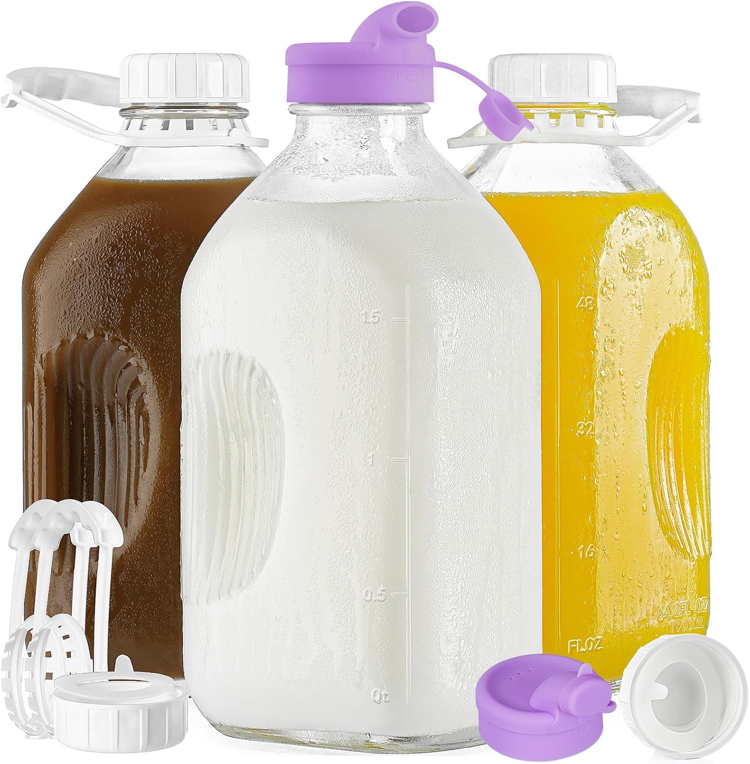 Ritayedet 3 Pack 64 Oz Heavy Duty Glass Milk Bottle with 2 Silicone Spouts, 4 Handles and 4 Reusable Airtight SCREW LIDS, 2 Qt Glass Water Bottle with 2 Exact Scale Lines – Milk & Juice Jug Pitcher