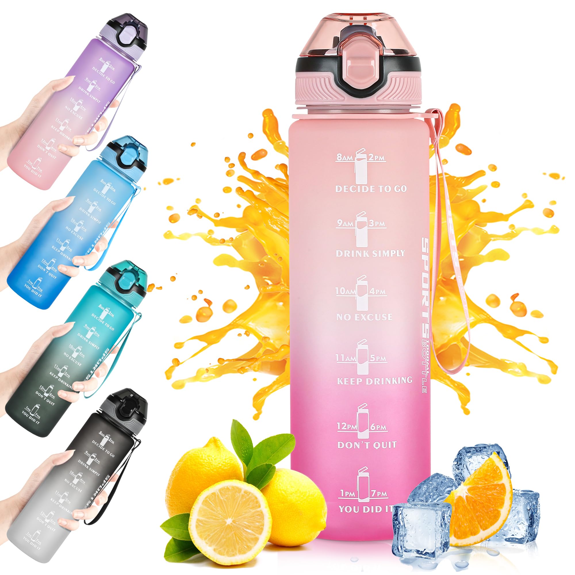 DUNSOO Borraccia 1L, Borraccia con Cannuccia con Del Tempo Motivazionale, Borraccia Sportiva, Tritan Senza BPA Bottiglia Acqua, con Spazzola per la Pulizia per Palestra, Yoga - Rosa