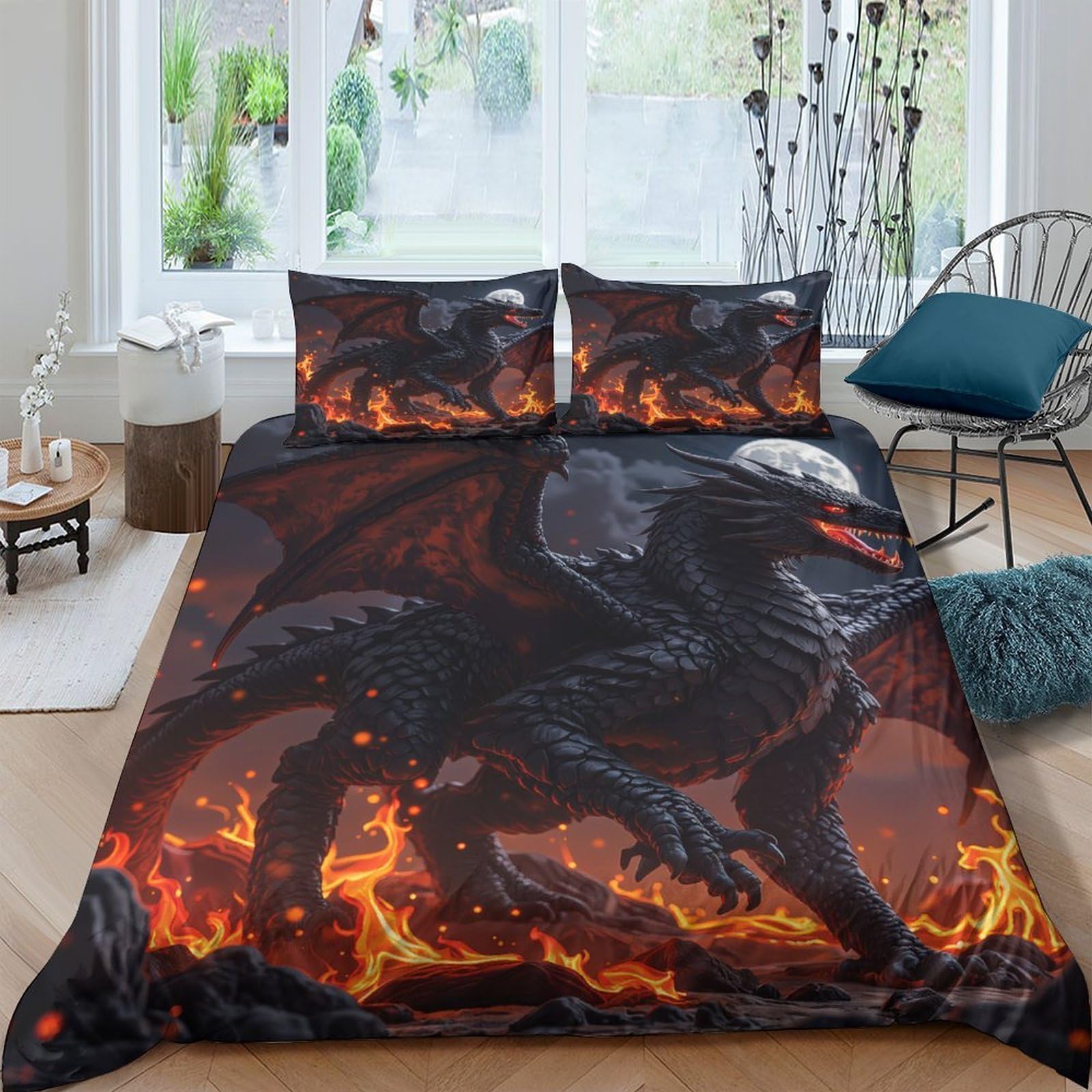 Ctjqhvkz Style-6 3D Printed Black Dragon Fitted Sheet Microfiber Fire Lava Bed Cover Anti-Slip Machine Washable Bedroom Dorm Decor Single（135X200cm）