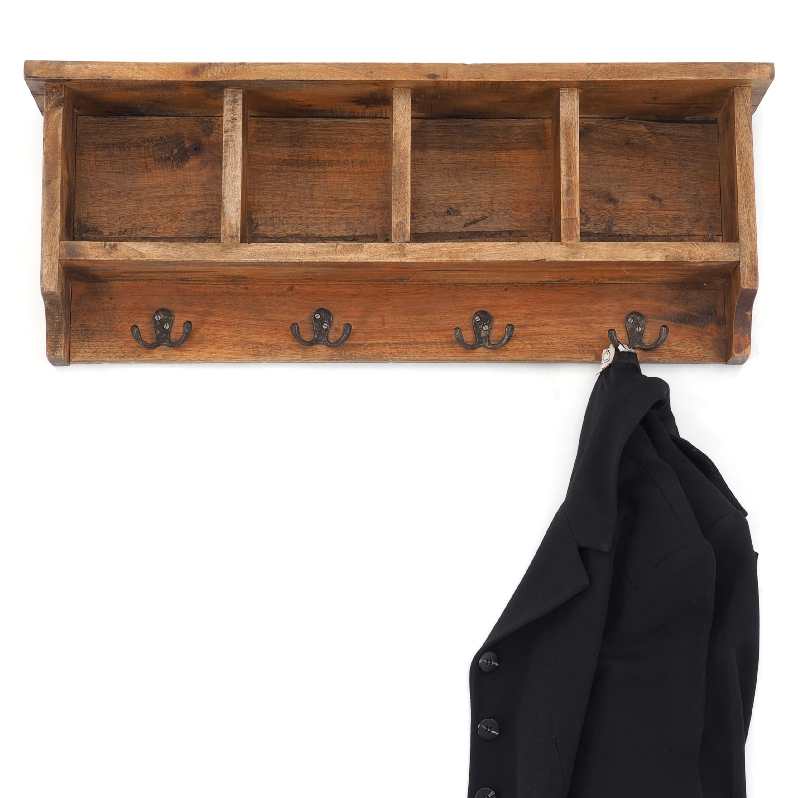 Appendiabiti da parete in legno riciclato Vintage 70, con mensola, 70 x 27 x 11 cm (L x A x P), stile rustico