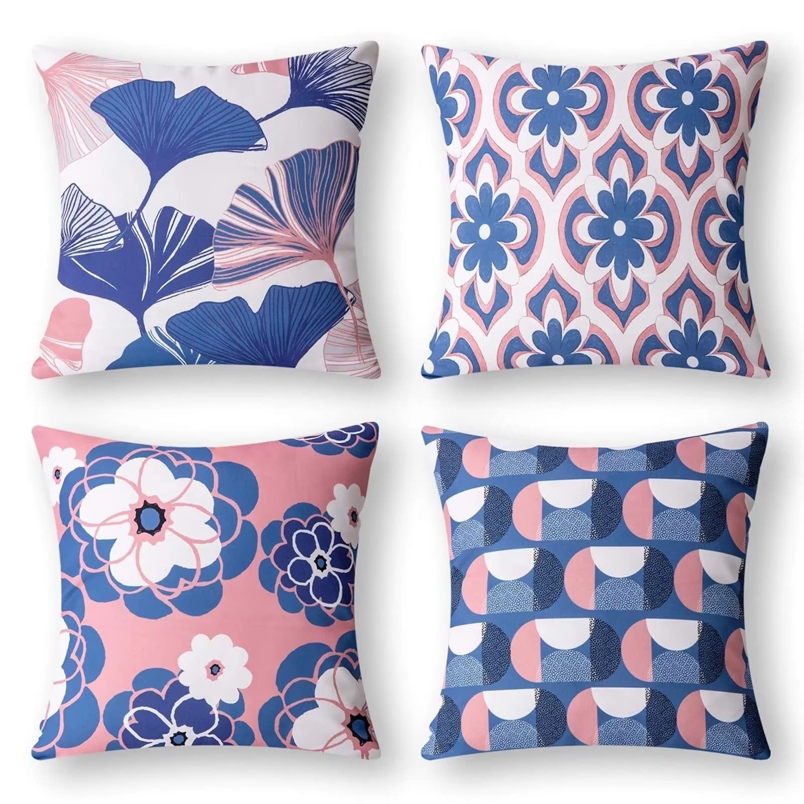 Cojines 60x60cm Hojas Rosas y Azules Cojines Decorativos para Sofa Moderna Decorativa Cojín Juego de 4 para Decoración Hogar Soft Almohadas cuadradas Funda de Cojín D-1072