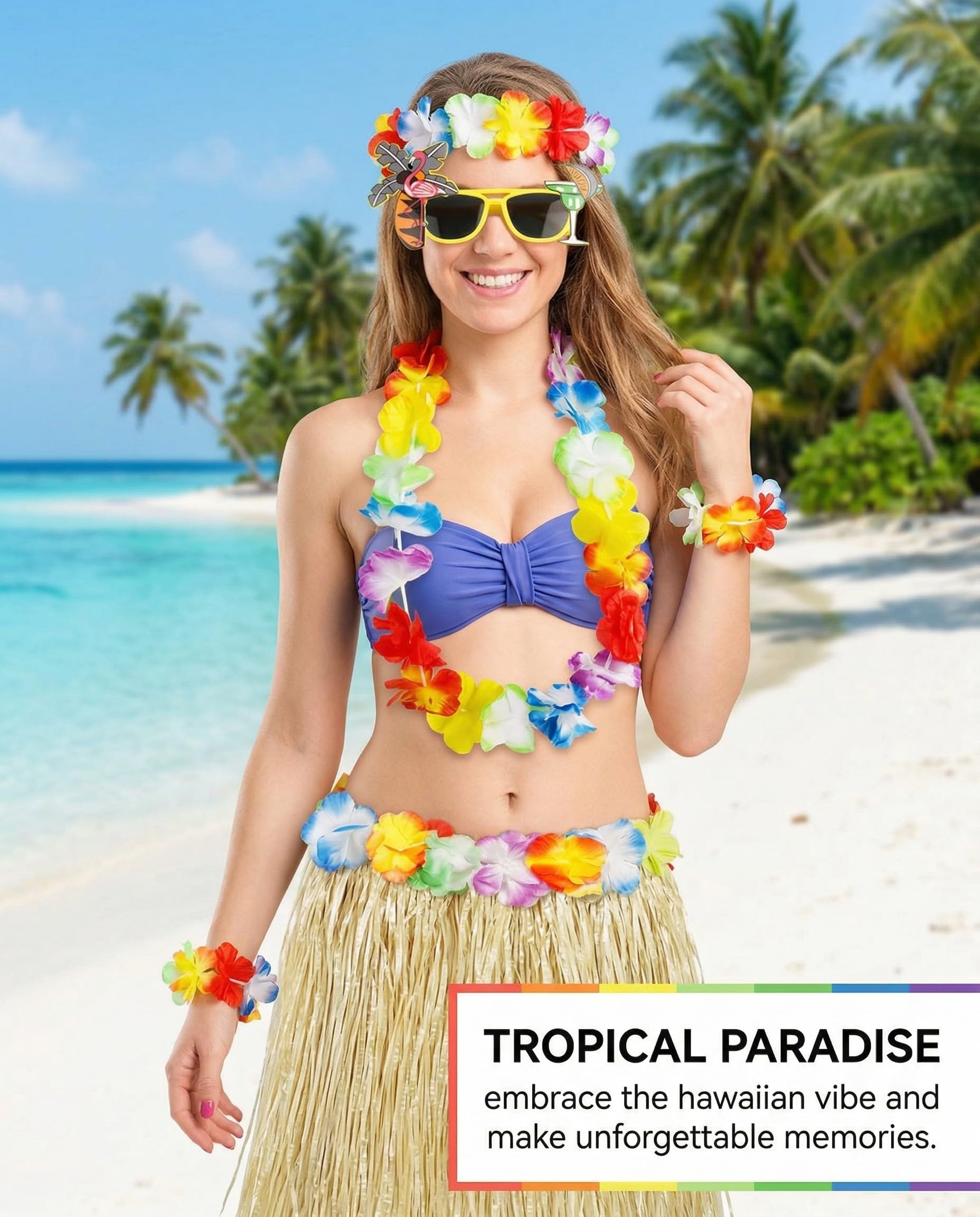 DAFNE 6 Pièces deguisement hawaienne femme, Jupe Hawaienne en Paille Paquet, Jupe Hawaienne, Hawaïen lei, Décoration de Fête Tropicale de Plage d'été, accessoire de fête tropicale Luau,Style-2
